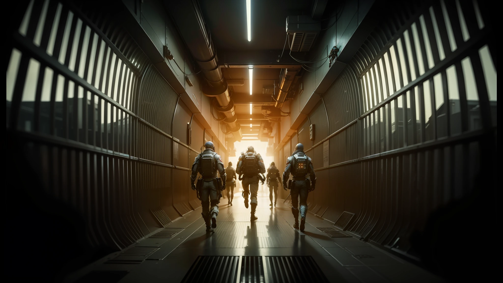 three people walking down a hallway in a prison cell, nvidia promotional image, death and robots two in the void, cgsociety 9, from a 2 0 1 9 sci fi 8 k movie, space walk scene, by Jeremy Geddes, by Mike Winkelmann, 2 0 2 1 cinematic 4 k framegrab, star citizen origin 100i --auto --s2