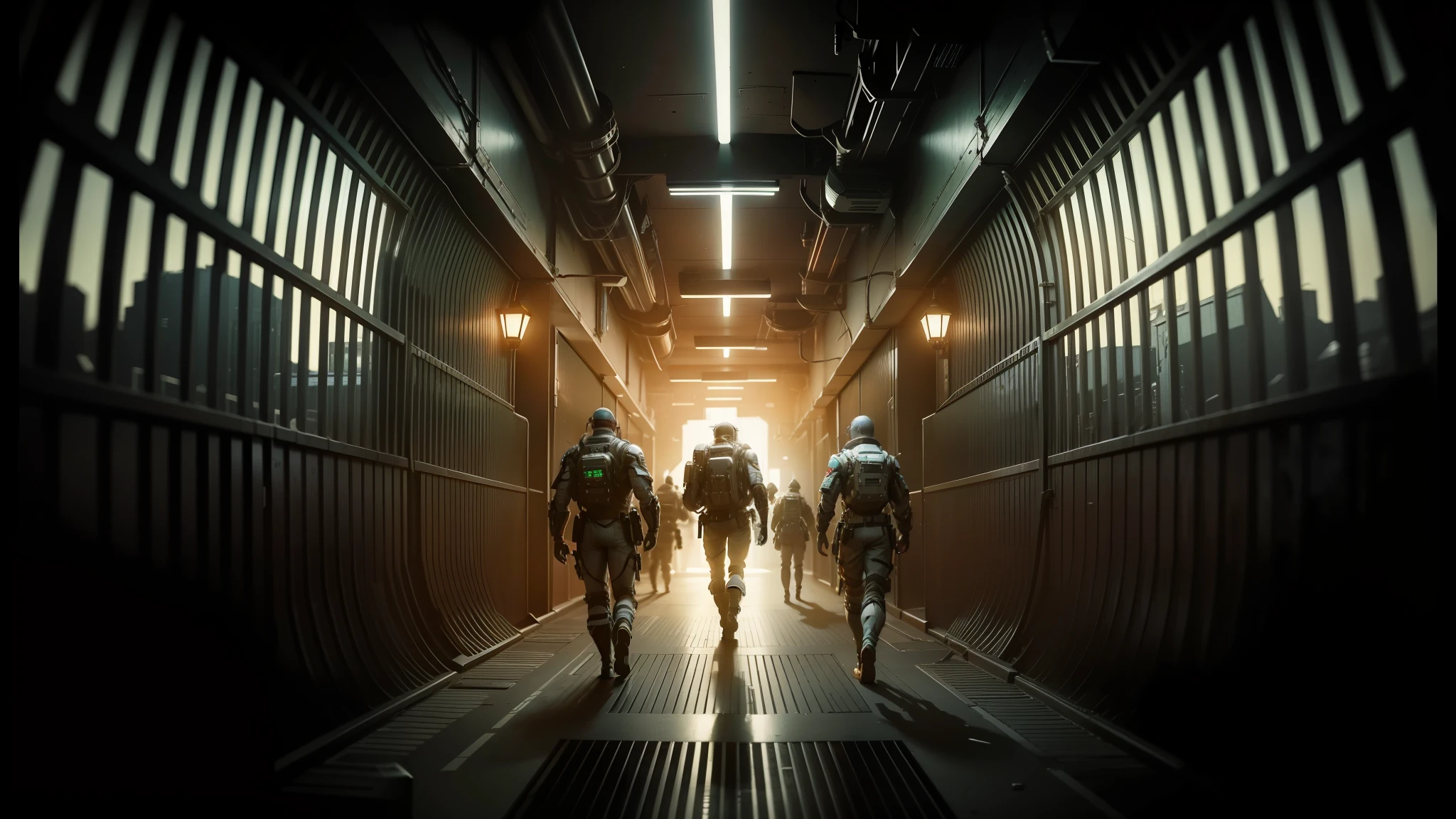 three people walking down a hallway in a prison cell, nvidia promotional image, death and robots two in the void, cgsociety 9, from a 2 0 1 9 sci fi 8 k movie, space walk scene, by Jeremy Geddes, by Mike Winkelmann, 2 0 2 1 cinematic 4 k framegrab, star citizen origin 100i --auto --s2