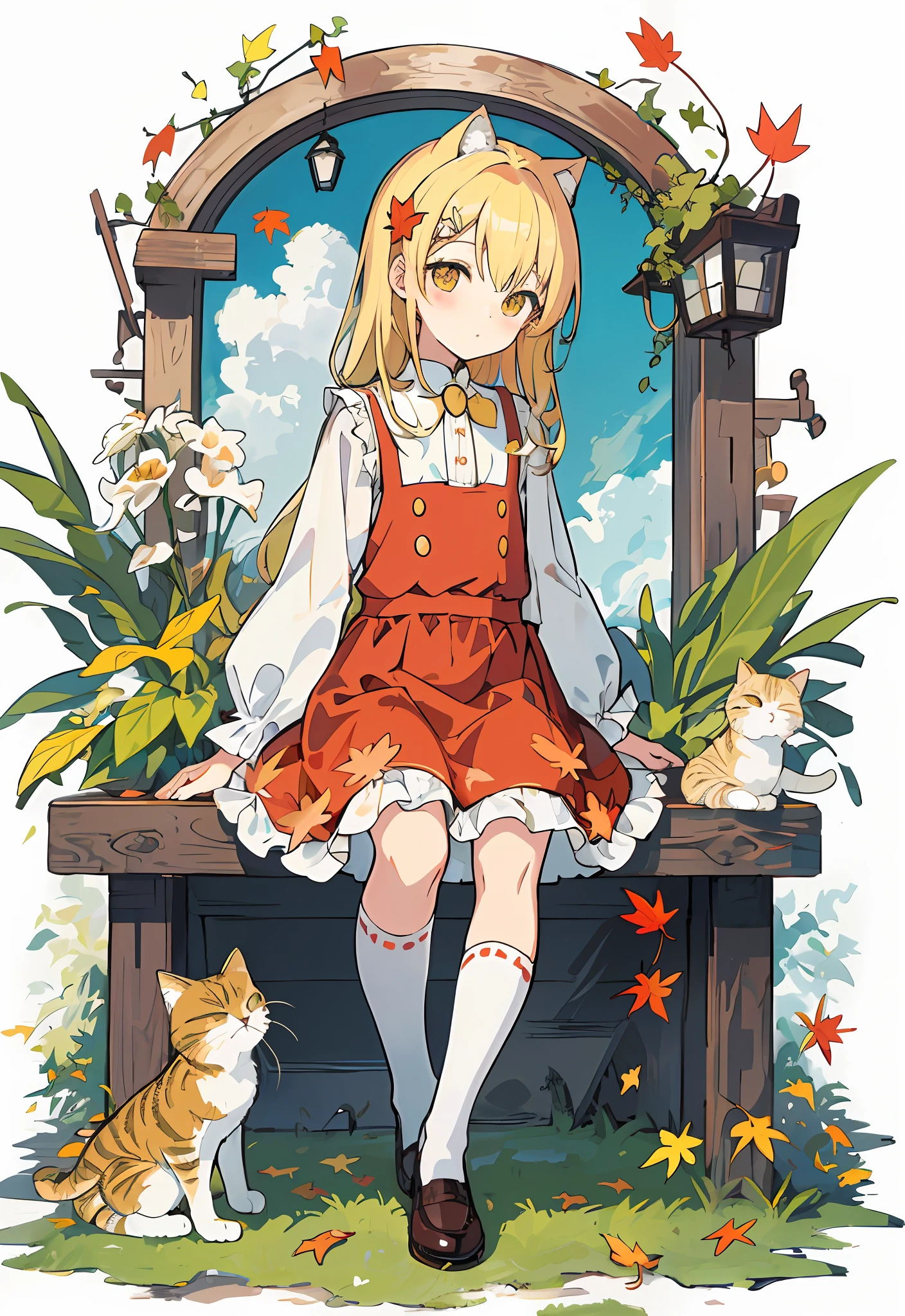 Masterpiece, best quality, amazing, complex and refined details, very detailed cute illustrations, very detailed cute wallpapers, high resolution illustrations, white background, full body, monochorme,
Solo, (children: 1.3), (cute: 1.0), beautiful cute eyes, extremely cute face, long blonde hair, yellow eyes, (beautiful details eyes: 1.2), flat chest, (aki_shizuha: 1.3), sitting, white_frilled_blouse, upper_body, cat ears, (wet clothes: 1.3),
(cute red dress: 1.4), blonde hair, maple_leaves, white knee socks, shoes, cute movements, cute expressions, (arms behind back: 1.1), (maple_ leaf_hairpin: 1.4),