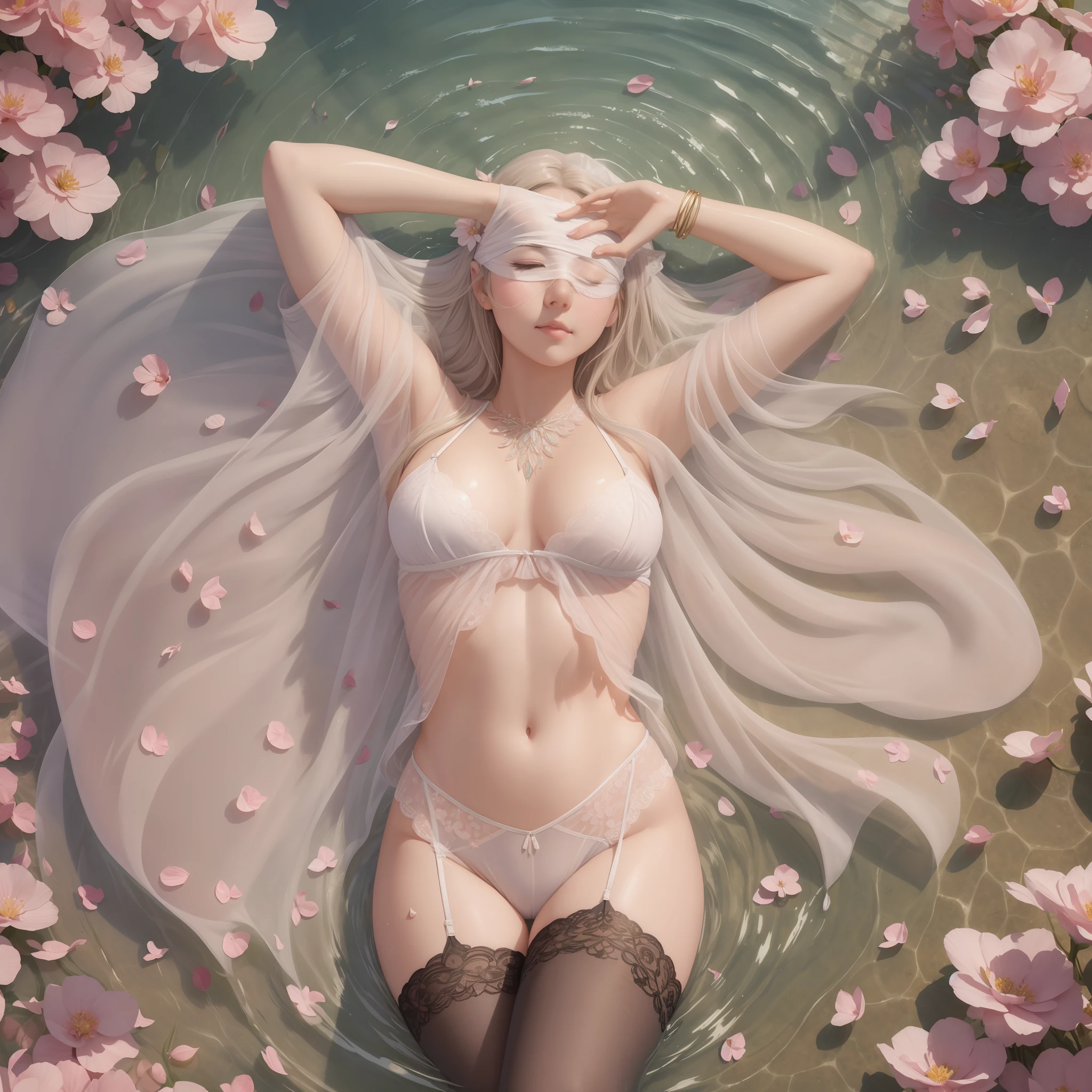 Open legs, camel toes, long eyelashes, solid round eyes, faint smile, ear blush, lying in water, lace tights, exposed navel, barcode, sexy, hair scattered in the water, petals falling in the air, long white hair, blindfold, blush, surrealism, shadow, relief, dioragram, tachi-e, pov, atmospheric perspective, verism, from above, overexposure, 8k, super detail, ccurate, best quality, best quality, uhd, anatomically correct, Ccurate, masterpiece, high detail, leaf shade, long legs, shyness, full body --auto --s2