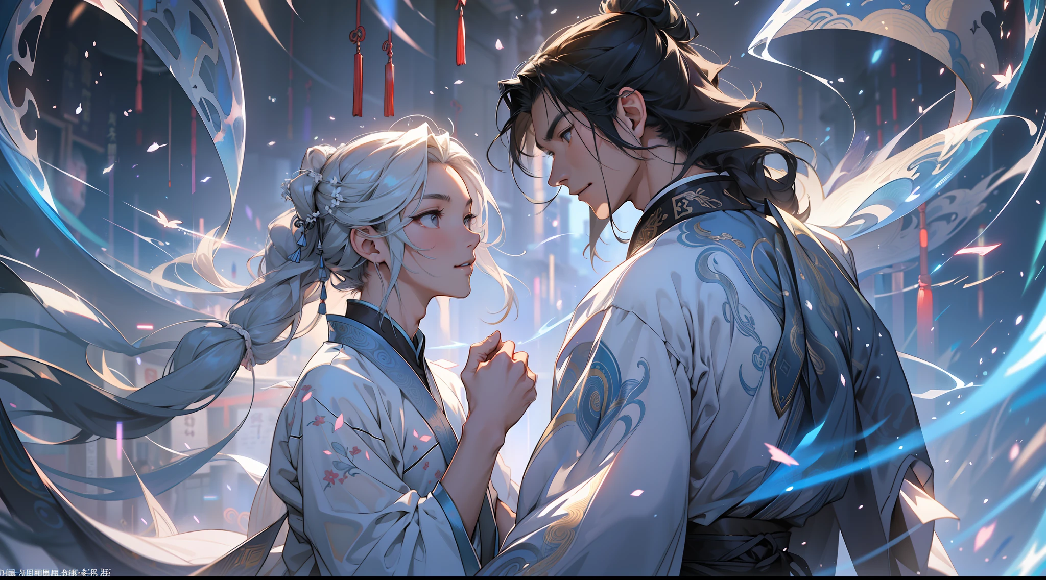 A handsome Chinese boy and girl, full body, looking at each other, gentle eyes, clear facial features, wearing Hanfu, body surrounded by white mist, runes around, holographic reality, holographic halo, motion blur, game light effects, edge light, soft light, movie edge light, delicate light
