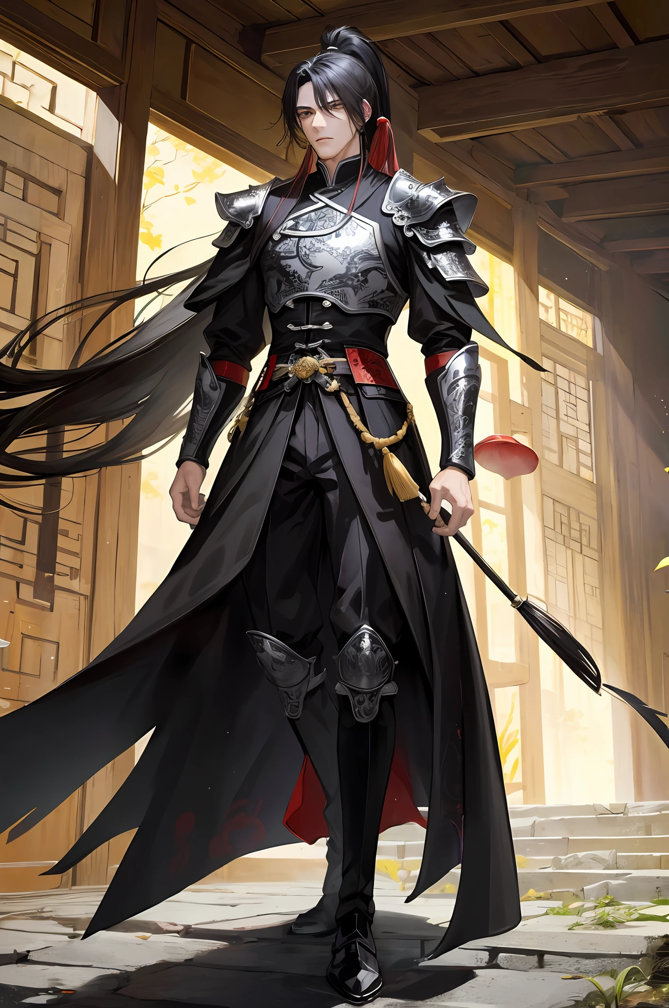 Masterpiece, Excellent, Daytime, 1 Man, Chinese Style, Ancient China, Chinese Court, Black Armor, Full Body Armor, Raven, Turquoise Brown Hair, Golden Eyes, Split Hair, Long Hair, Long Bangs, High Ponytail, Handsome, Handsome, Masculine, Serious, Gentle, Tall, Quiet, Dark Clothes, Black Clothes, Gray Clothes, Raven Pattern, General, Looking Down