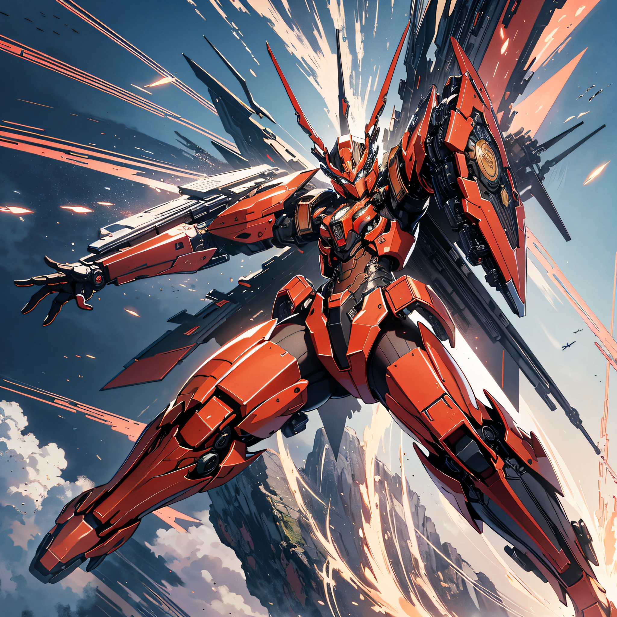 Absurd resolution, high resolution, (masterpiece: 1.4), hyper-detail, a mech, red armor with red wings, floating flight in the sky (1.8) The background is earth, fire