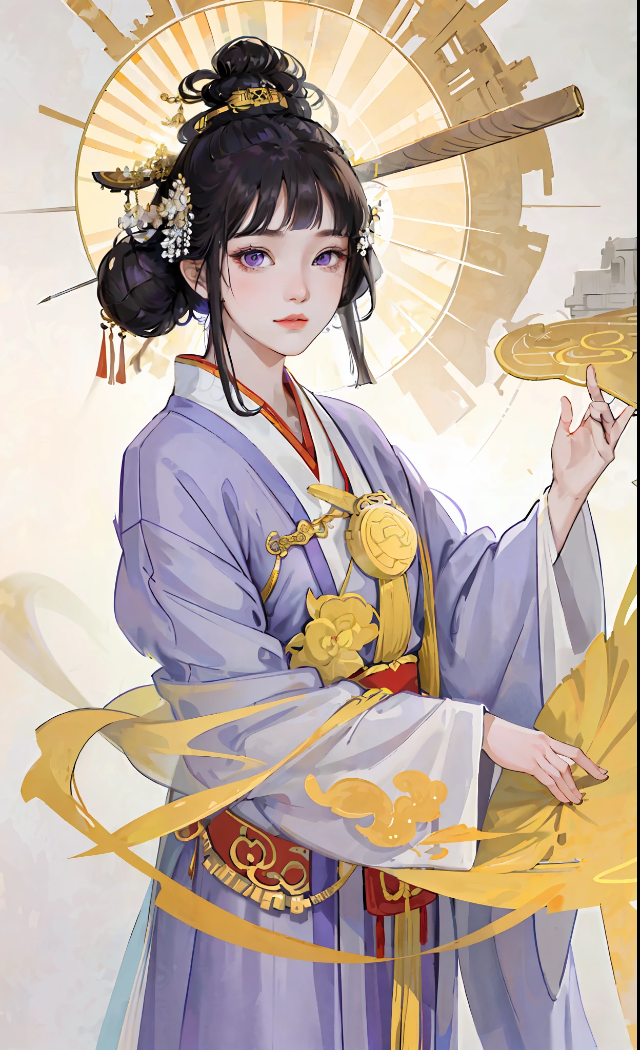 A girl, ancient Chinese costume, whole body, sunshine, clear face, clean white background, masterpiece, super detail, epic composition, ultra HD, high quality, extremely detailed, official art, uniform 8k wallpaper, super detail, 32k, ((blunt bangs)), purple eyes