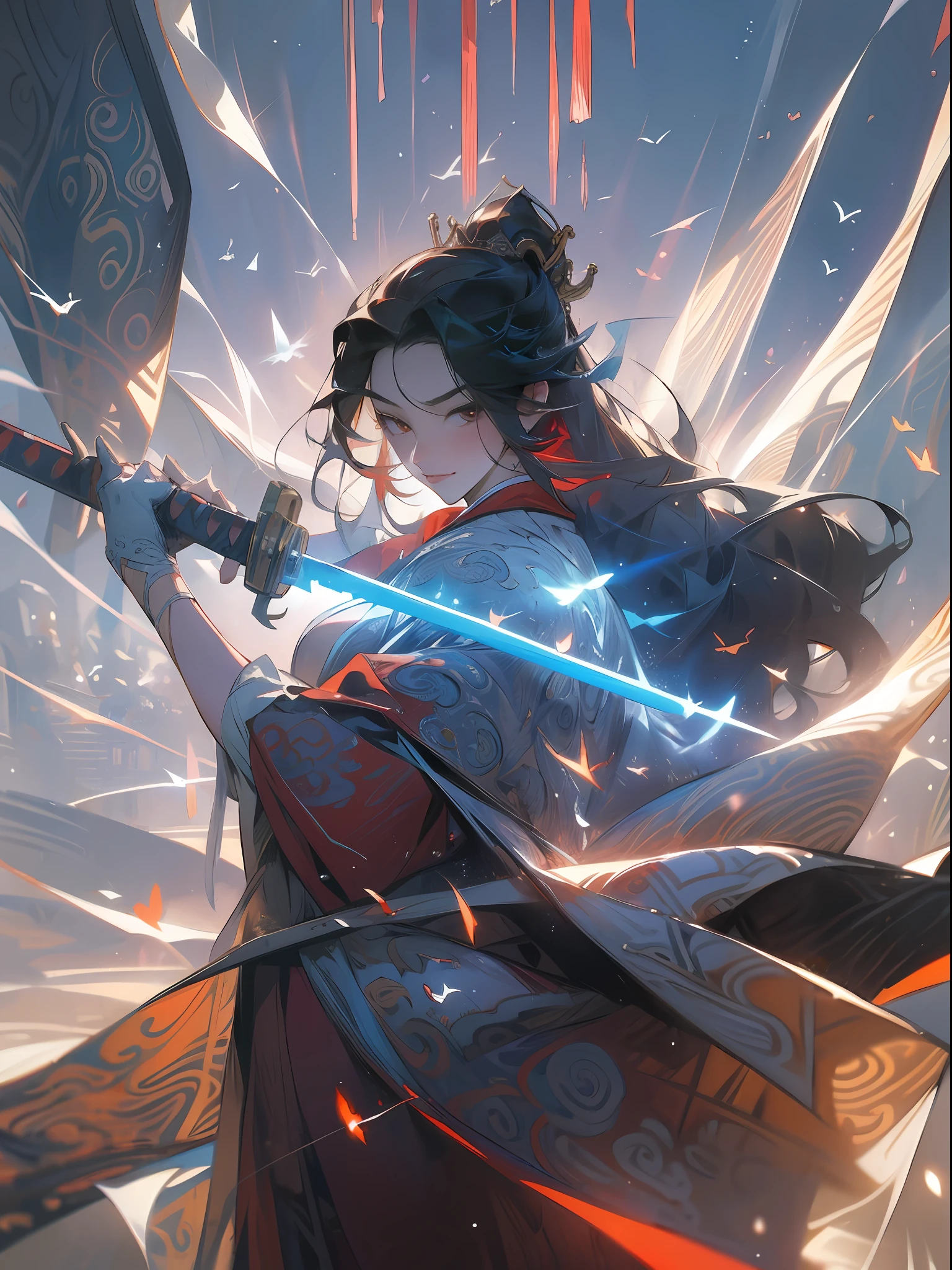 with dark background, a beam of light came down from the air, magic wind around, A chivalrous woman in a red Tang suit , holding a famous ancient Chinese sword, flying off into the air peacefully, long light black shiny straight hair, white skin as snow, lake eyes, light eyebrow, Delicate beautiful face, god light, wearing shiny red robe, In the morning fog, ancient Chinese Palace, Fantasy, lookup view, bright, clean background trending, rich details, high quality.
