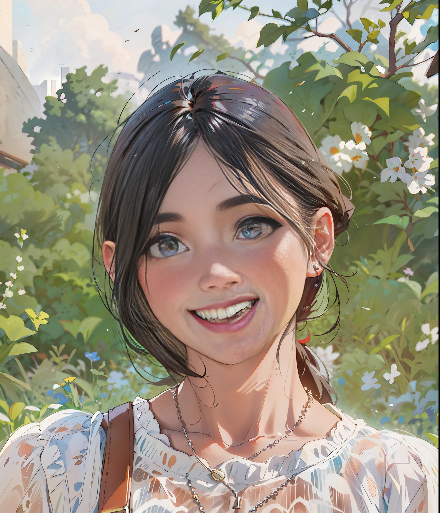 (long black hair), (middle), (chubby face), (wearing a necklace), (small smile), white clothes, anime, colorful colors
