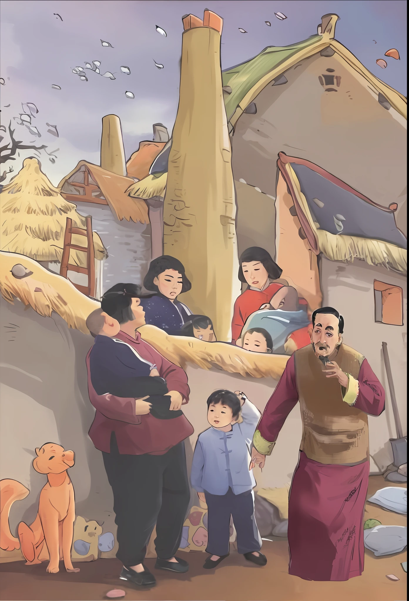there is a painting of a man and a woman with children, xi jinping as winnie the pooh, inspired by Chen Daofu, chinese village, by Sheng Maoye, textbook illustration in clolour, in a village, large view, inspired by Sheng Maoye, inspired by Ren Xun, inspired by Liu Jue, by Chen Daofu