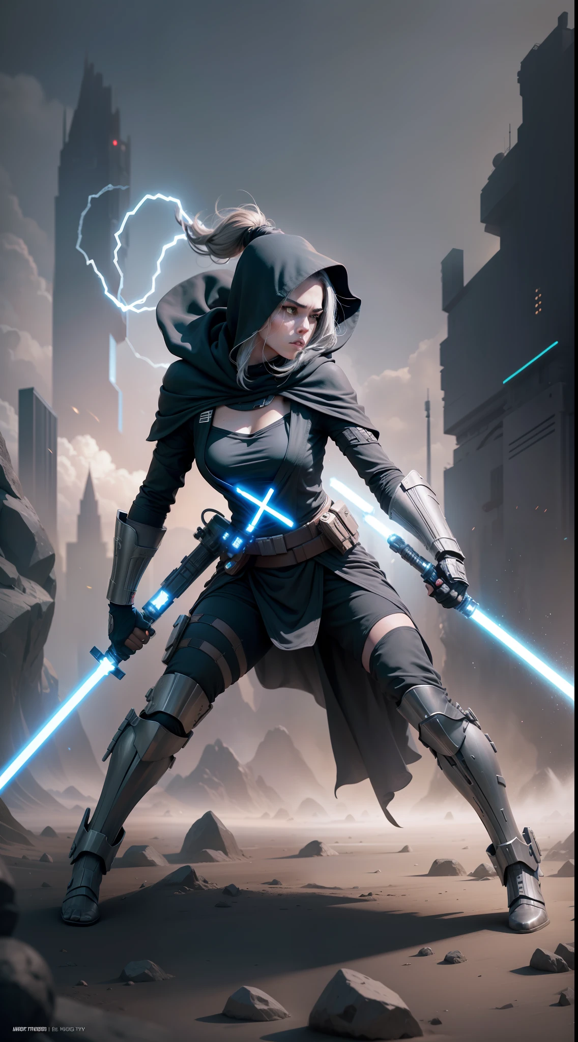 Star wars, Jedi Knight, Black cloak, lightsaber, Alien giant Sebei punk honest background, Dark style, Technical symmetry, fully body, Dynamic pose, Movie, best qua4lity, Dynamic perspective, dynamic angle, golden ratio, Wide-angle photography, Wide field of view, Deep depth of field, zoom out, jiezuo, High Detailed, best qua4lity, highresolution, 3D, film grain, raised fist, UHD, Anatomically correct, high quality, award winning