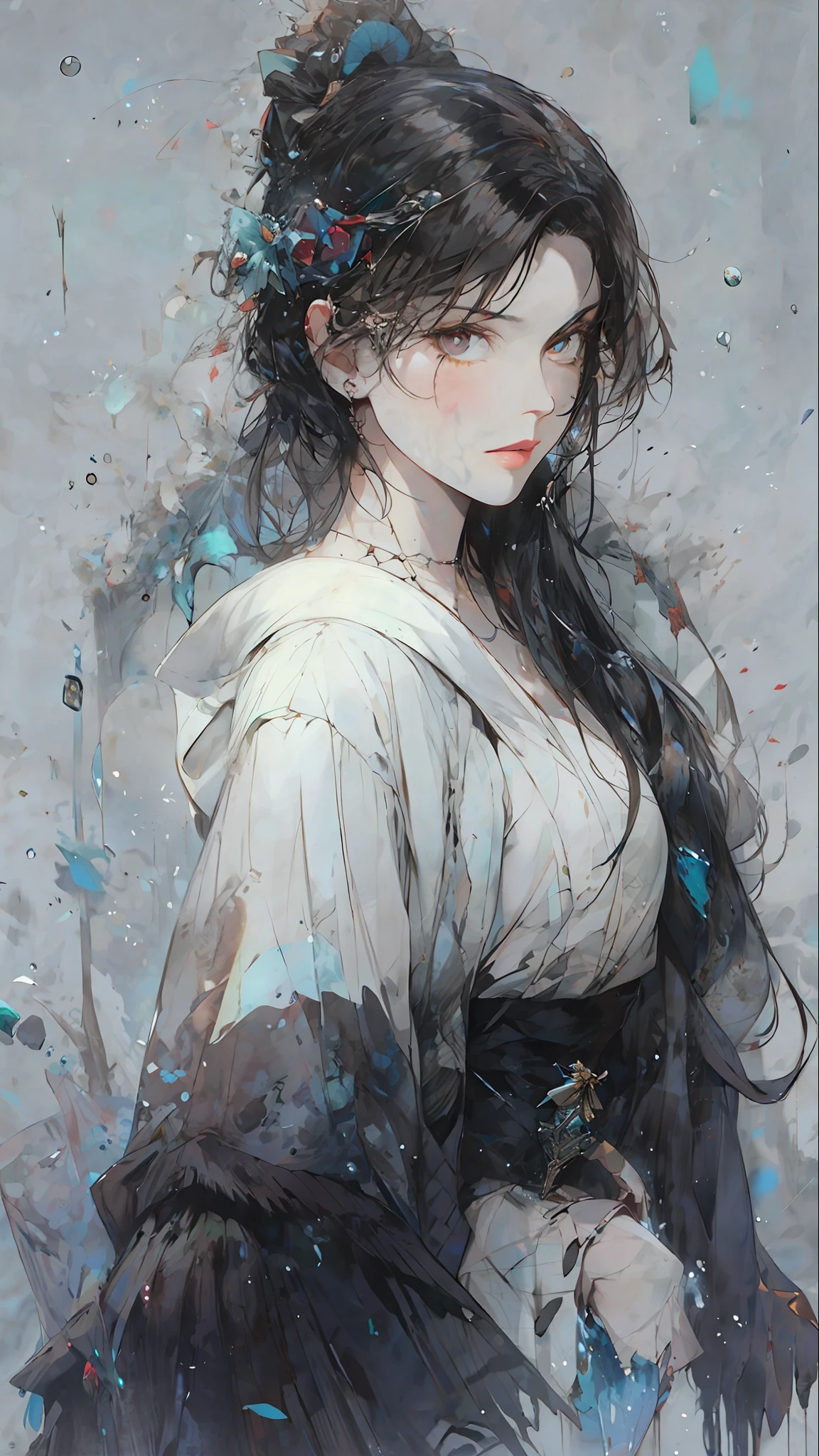 Close up of a woman with black hair, beautiful character painting, splashing ink, epic fine character art, amazing character art