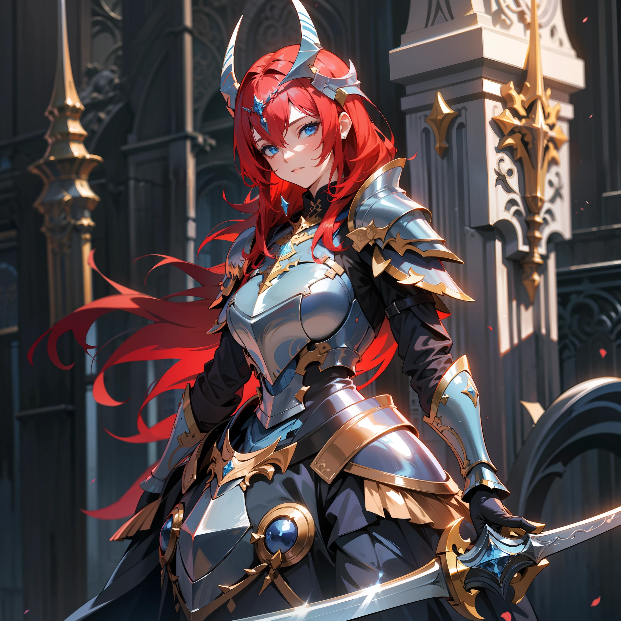 a woman, paladin, wildly red hair, dark fantasy, detailed blue armor, detailed blue helmet, detailed blue large sword