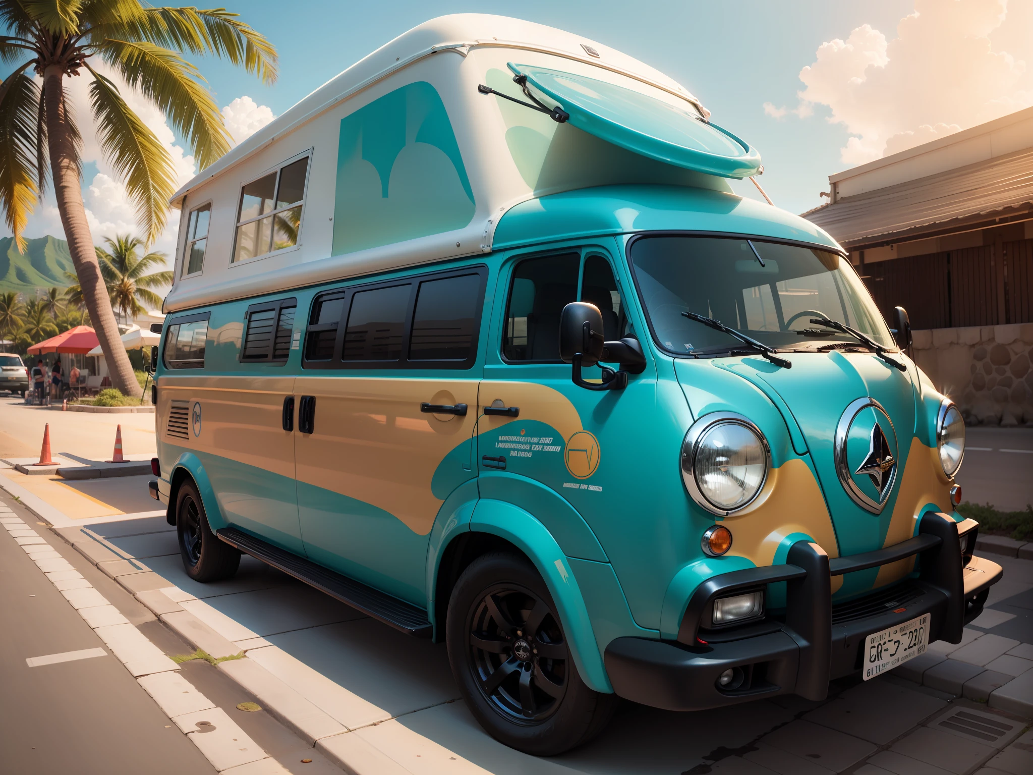 A wagen van with a surfboard on the roof is driving along the beach in Waikiki, the car is painted mainly by I Left My Heart in San Francisco, and the sides of the wagen van are painted in Ligneclaire-style American pop art with graphic illustrations. Delicate Details, Detailed Background, Delicate Drawing, High Quality, High Quality, High Resolution, 8K, Masterpiece --auto --s2