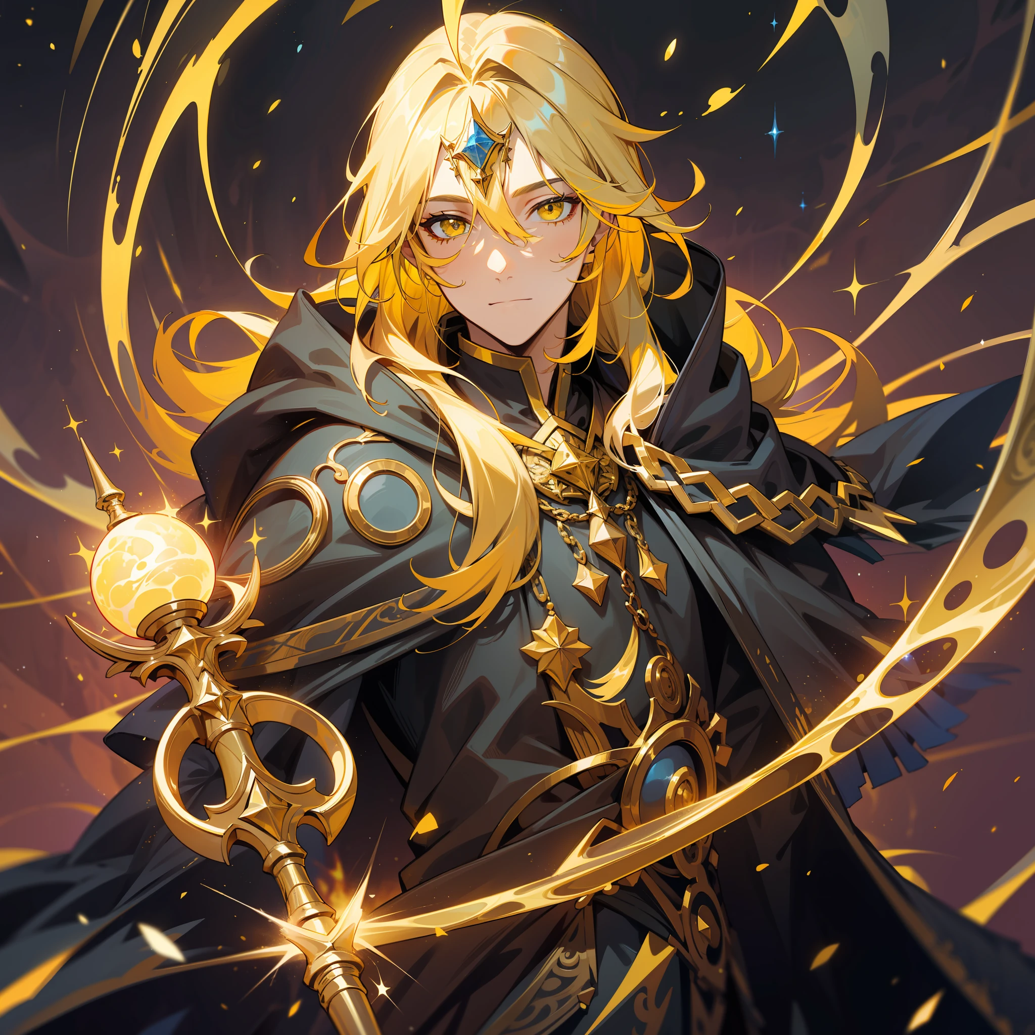 a man, mage, yellow long hair, dark fantasy, detailed yellow and black cosmic robe, cosmic staff