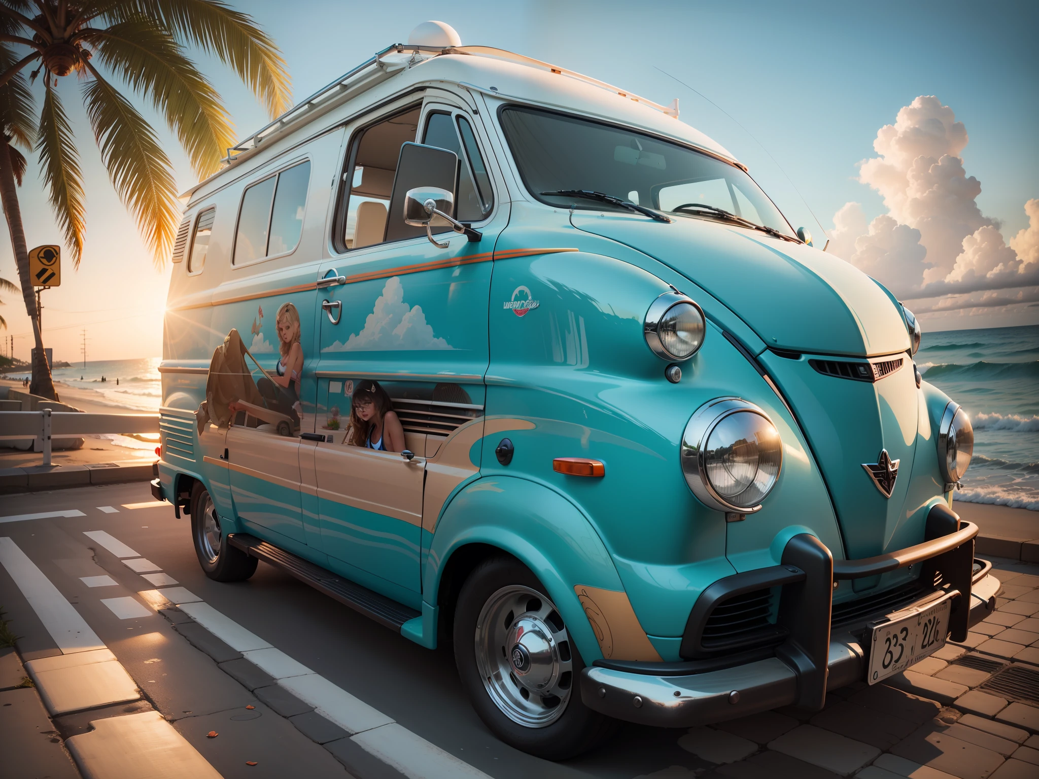 A wagen van with a surfboard on the roof is driving along the beach in Waikiki, the car is painted mainly by I Left My Heart in San Francisco, and the sides of the wagen van are painted in Ligneclaire-style American pop art with graphic illustrations. Delicate Details, Detailed Background, Delicate Drawing, High Quality, High Quality, High Resolution, 8K, Masterpiece --auto --s2