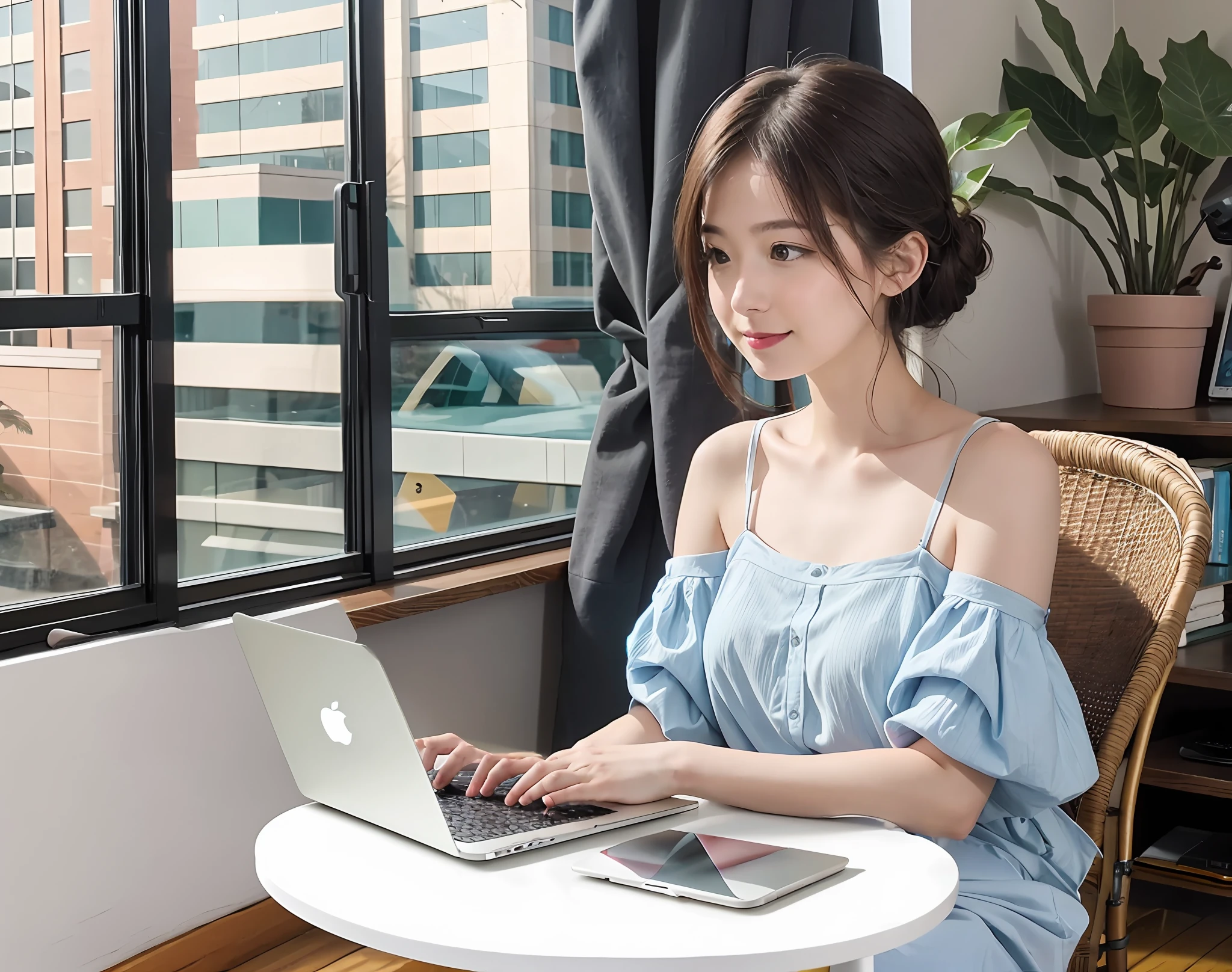 White table with Apple laptop on the table.