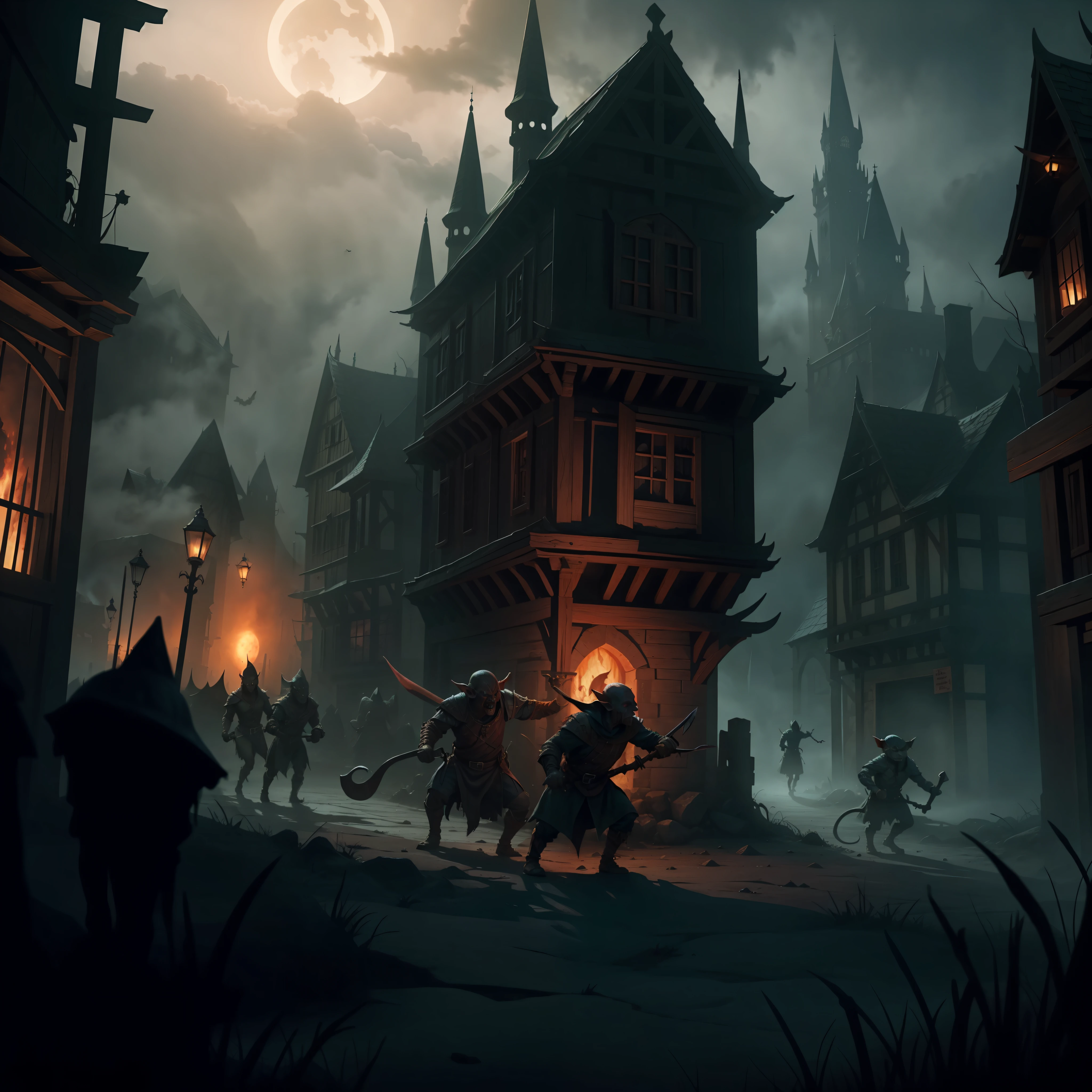 Fierce goblins attacking a medieval night town, surrounded by blood and death, horror, fog, darkness