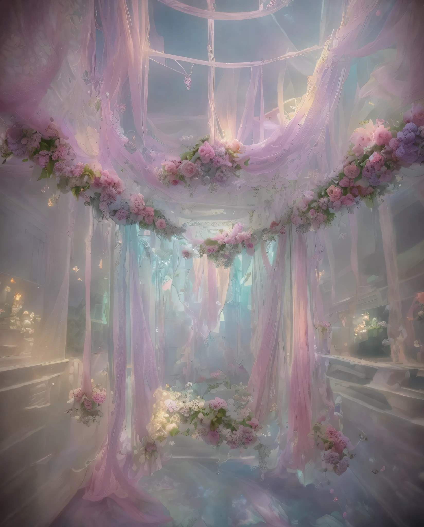 Close-up of a room with lots of flowers on the ceiling, fantastic atmosphere and drama, fantastic aesthetics, dreamy and detailed, very magical and dreamy, atmospheric beautiful details, neo-Rococo expressionist style, ethereal fairy tales, dreamy atmosphere, fantasy aesthetics! , fantastic scenes, fairy tale aesthetics, fantastic ethereal atmosphere, incredibly ethereal, beautiful aesthetics, ethereal and dreamy themes, rococo gorgeous style, pink yarn, lace, flower ground, blue light quality