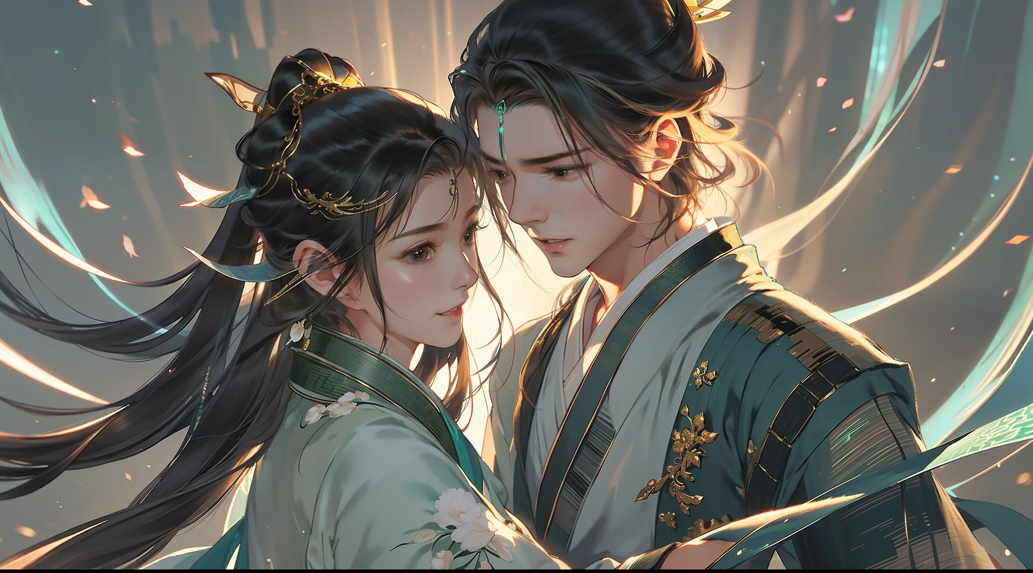 A handsome Chinese boy and girl rushed to each other, the whole body, gentle eyes, clear facial features, wearing Hanfu, body surrounded by dark green mist, runes around, holographic reality, holographic halo, motion blur, game light effects, edge light, soft light, movie edge light, delicate light