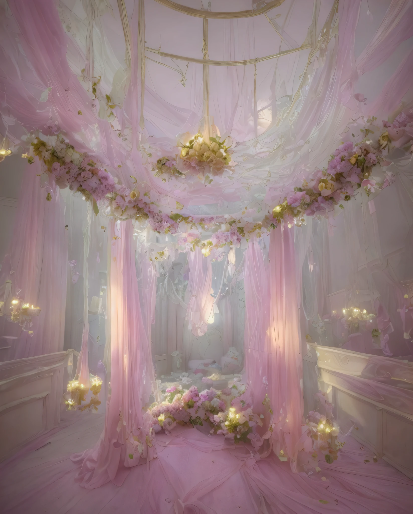 Close-up of a room with lots of flowers on the ceiling, fantastic atmosphere and drama, fantastic aesthetics, dreamy and detailed, very magical and dreamy, atmospheric beautiful details, neo-Rococo expressionist style, ethereal fairy tales, dreamy atmosphere, fantasy aesthetics! , fantastic scenes, fairy tale aesthetics, fantastic ethereal atmosphere, incredibly ethereal, beautiful aesthetics, ethereal and dreamy themes, rococo gorgeous style, pink yarn, lace, flower ground, blue light quality