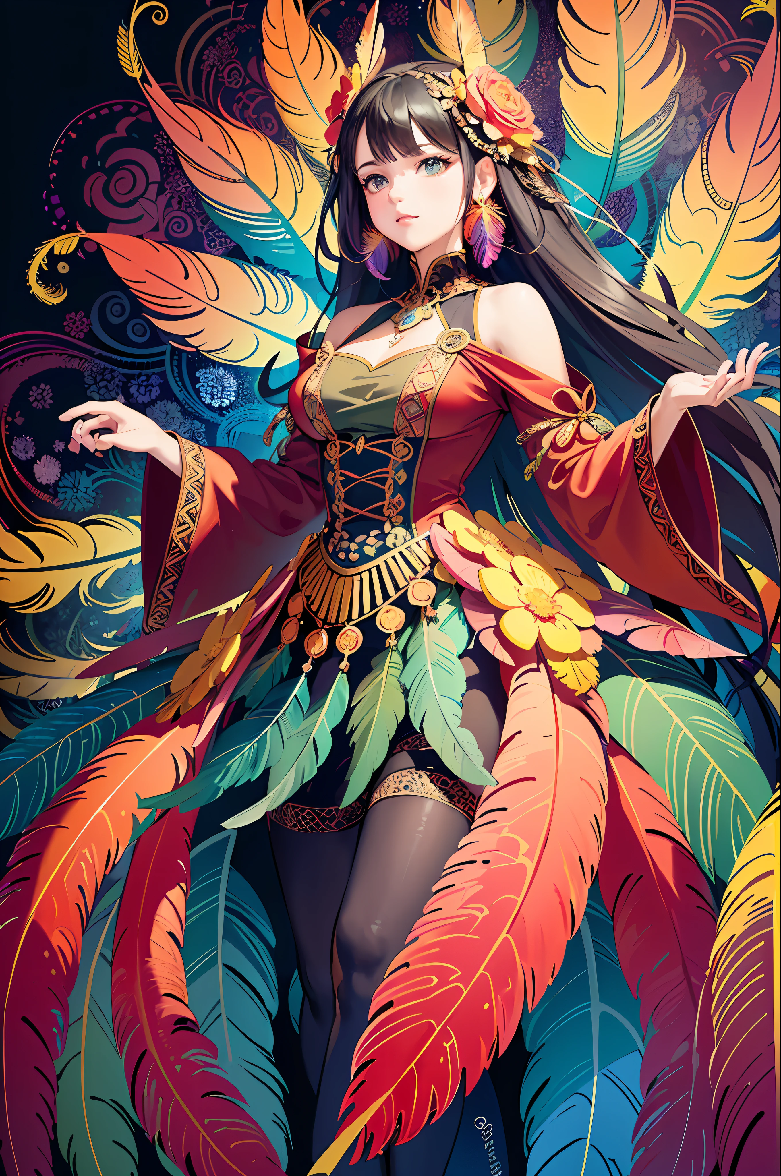 (masterpiece, top quality, best quality, official art, beautiful and aesthetic:1.2), (1girl:1.3), extremely detailed,(fractal art:1.1),(colorful:1.1)(flowers:1.3),highest detailed,(zentangle:1.2), (dynamic pose), (abstract background:1.3), (shiny skin), (many colors:1.4), ,(earrings), (feathers:1.5) , (Flamethrower:1.3),red background,Phoenix dress,