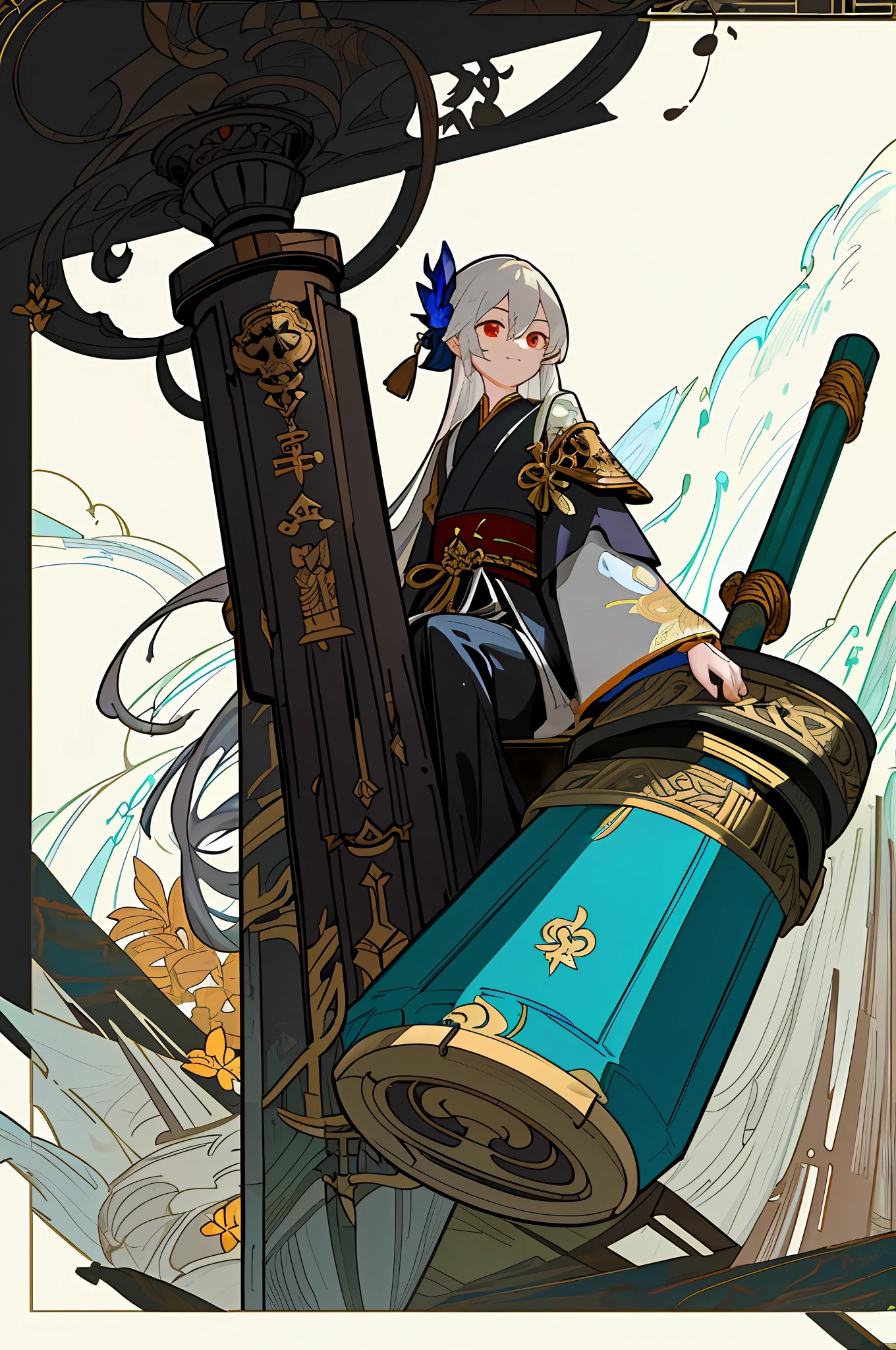 (Best quality: 1.3), (Masterpiece: 1.1), (Illustration: 1.2), (Ultra detail: 1.2), Beautiful Detail Eyes, (Chinese: 1.2), (Extremely detailed background: 1.1), Sitting on a mountain made of white bones, stepping on a monster under your feet, (Sitting on a mountain made of white bones: 1.4), (Butt: 1.2), (Cyberpunk style 1.3), (1girl in Abandoned temple: 1.2), (White hair), (Long hair: 1.1), full body, a petite girl, broken general armor, holding a giant hammer in her hand, (giant hammer: 1.3), red eyes, pleasant expression, with a smile, slender arms, high contrast characters and backgrounds, Onmyoji detailed art, anime art nouveau style, from the East, high detail official artwork, 2.5 D CGI anime fantasy artwork