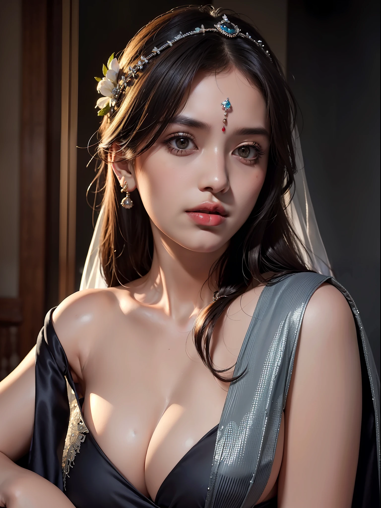 Best quality, masterpiece, ultra high res, (photorealistic:1.4), raw photo, 1girl, offshoulder, in the dark, deep shadow, low key, cold light,wearing a traditional saree, at a weeding shoot , large boobs