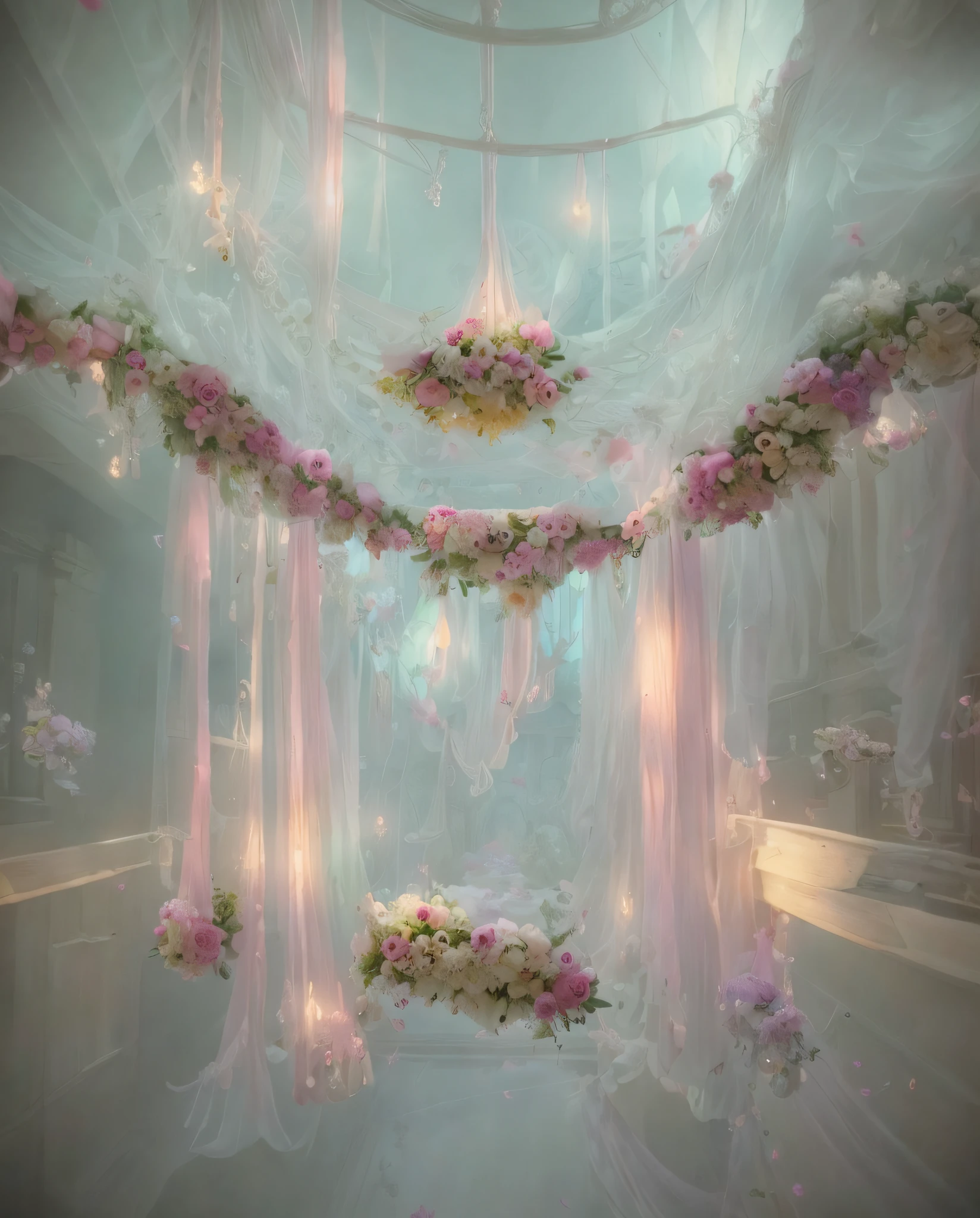 Close-up of a room with lots of flowers on the ceiling, fantastic atmosphere and drama, fantastic aesthetics, dreamy and detailed, very magical and dreamy, atmospheric beautiful details, neo-Rococo expressionist style, ethereal fairy tales, dreamy atmosphere, fantasy aesthetics! , fantastic scenes, fairy tale aesthetics, fantastic ethereal atmosphere, incredibly ethereal, beautiful aesthetics, ethereal and dreamy themes, rococo gorgeous style, pink yarn, lace, flower ground, blue light quality