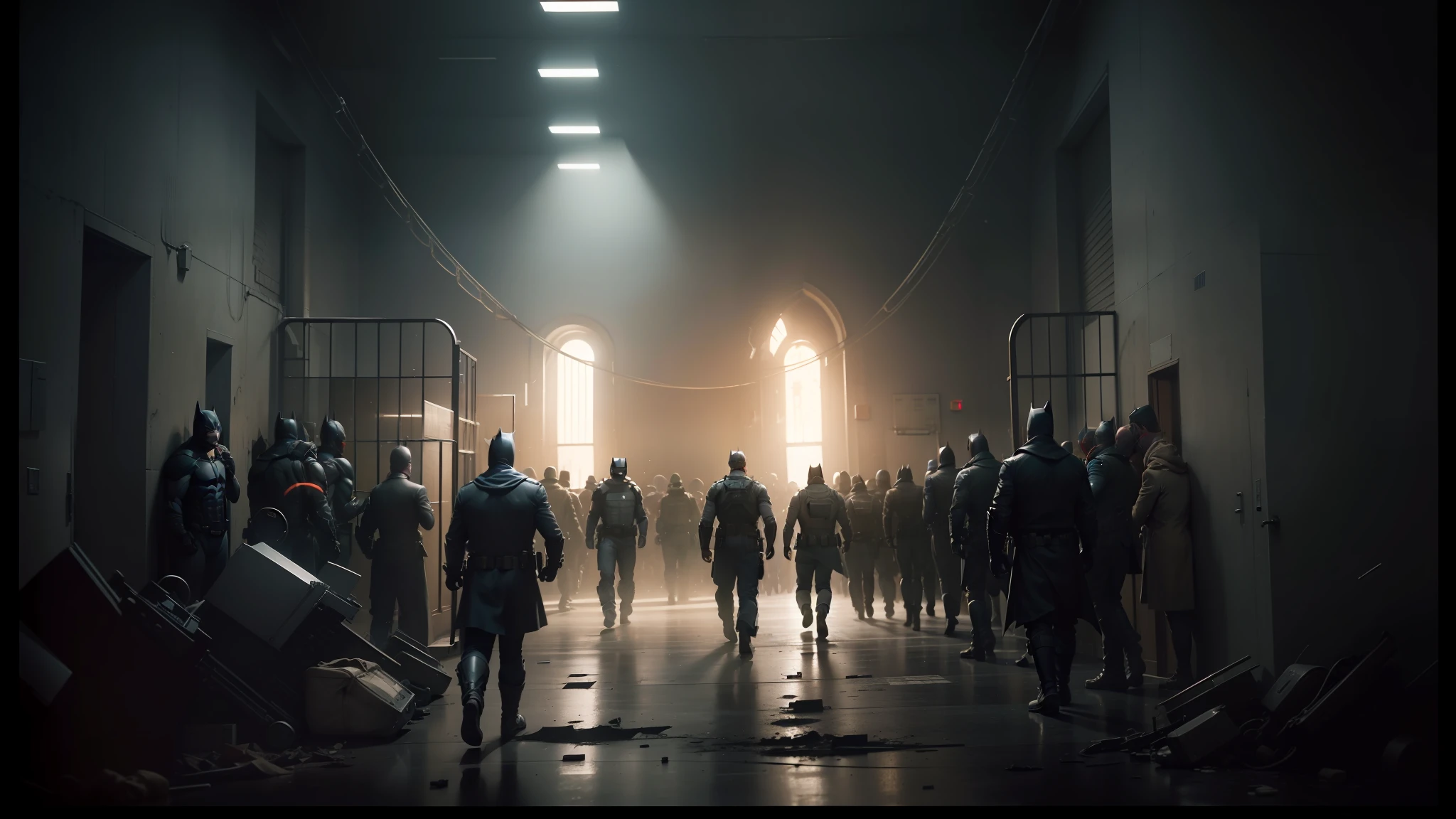 people are walking down a corridor in a prison, by roger deakins, realistic entertainment riot, cinematography by fabian wagner, entertainment riot, detailed atmospheric and gritty, unreal engine. still movie, still from batman movie, roger deakin cinematography, cinematic opening scene, in still cinematic batman movie, capitol riot, still from a music video --auto --s2