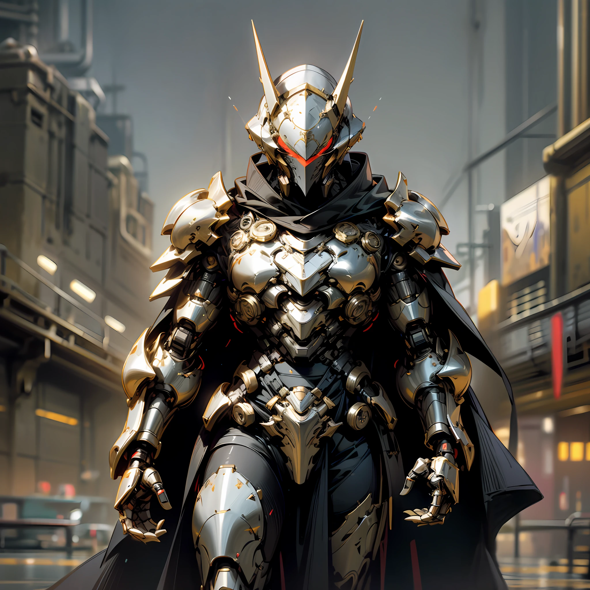 Dark_Fantasy,Cyberpunk,1manMechanical marvel,Robotic presence,Cybernetic guardian,holy Knight mechanical armour, absolutely stunning art,wearing a black cloak, highest quality art, highest resolution, hyper detailed,white knight with gold outlines,highest quality digital art, Stunning art, wallpaper 4k,8k,64k, HD, unparalleled masterpiece, dynamic lighting, cinematic, epic