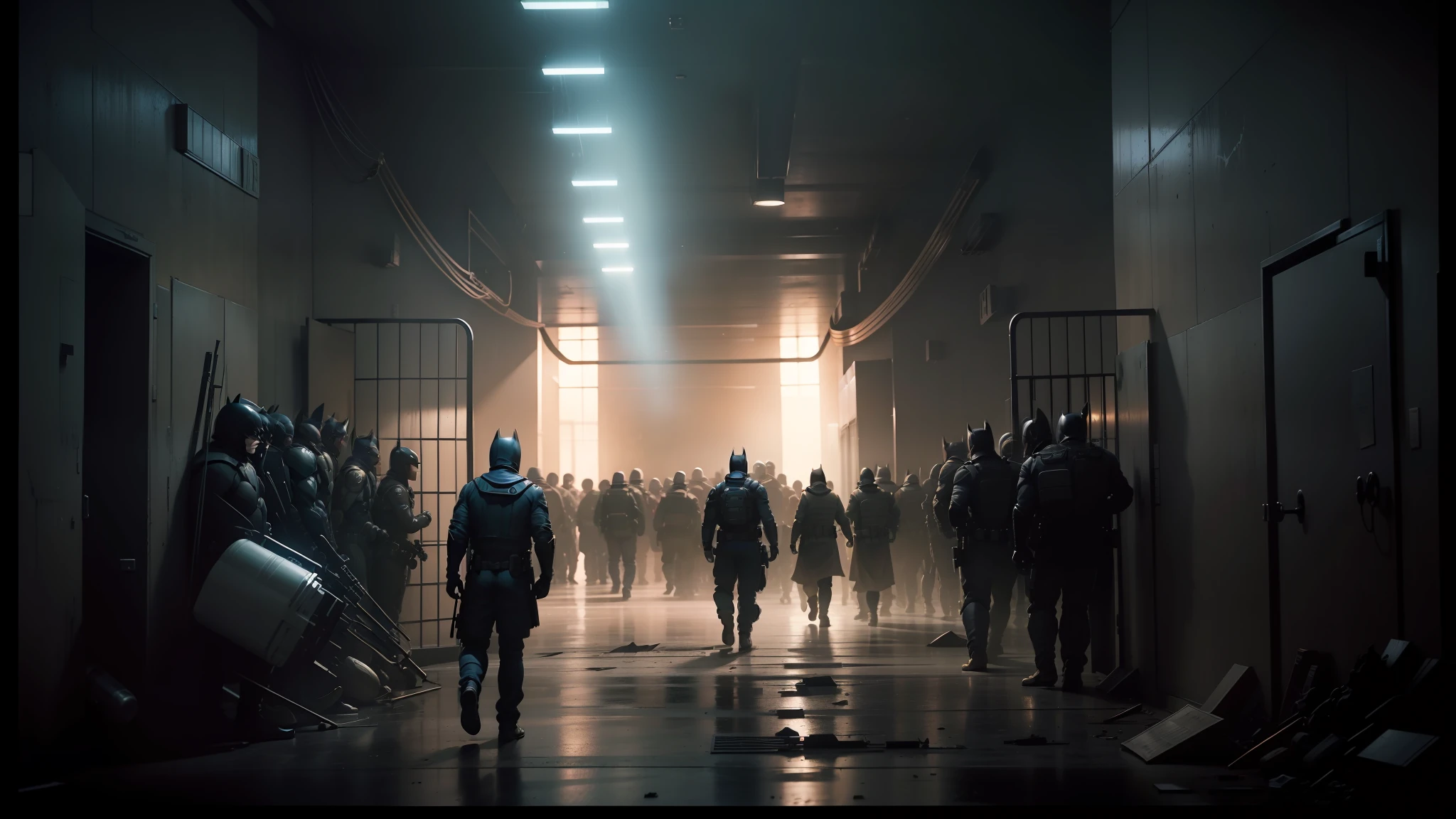 people are walking down a corridor in a prison, by roger deakins, realistic entertainment riot, cinematography by fabian wagner, entertainment riot, detailed atmospheric and gritty, unreal engine. still movie, still from batman movie, roger deakin cinematography, cinematic opening scene, in still cinematic batman movie, capitol riot, still from a music video --auto --s2