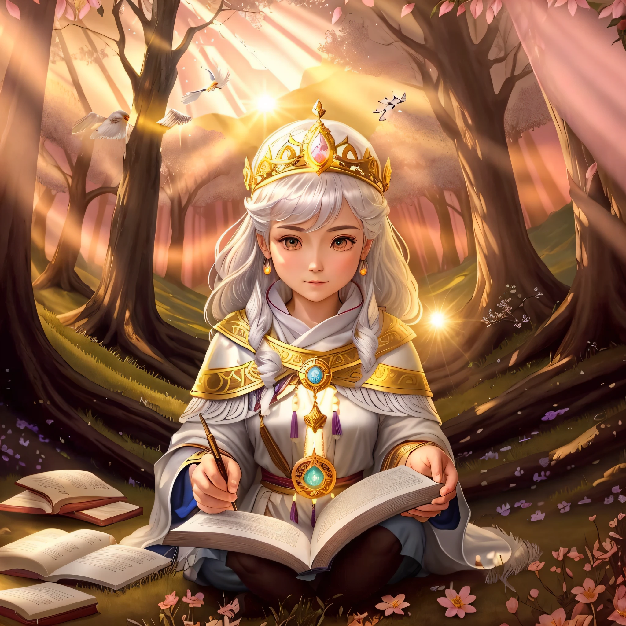 Describe a scene where Sophie is sitting next to the Wise Elder in a clearing on top of a mountain. The sun is setting, painting the sky with golden and pink hues. The Elder has silver hair and wise eyes, radiating ancestral wisdom. They are surrounded by ancient trees and a majestic eagle flies overhead. The sunlight highlights the sacred book that the Elder is gifting Sophia. Both are immersed in an atmosphere of tranquility and spiritual connection, while sharing wisdom and teachings.