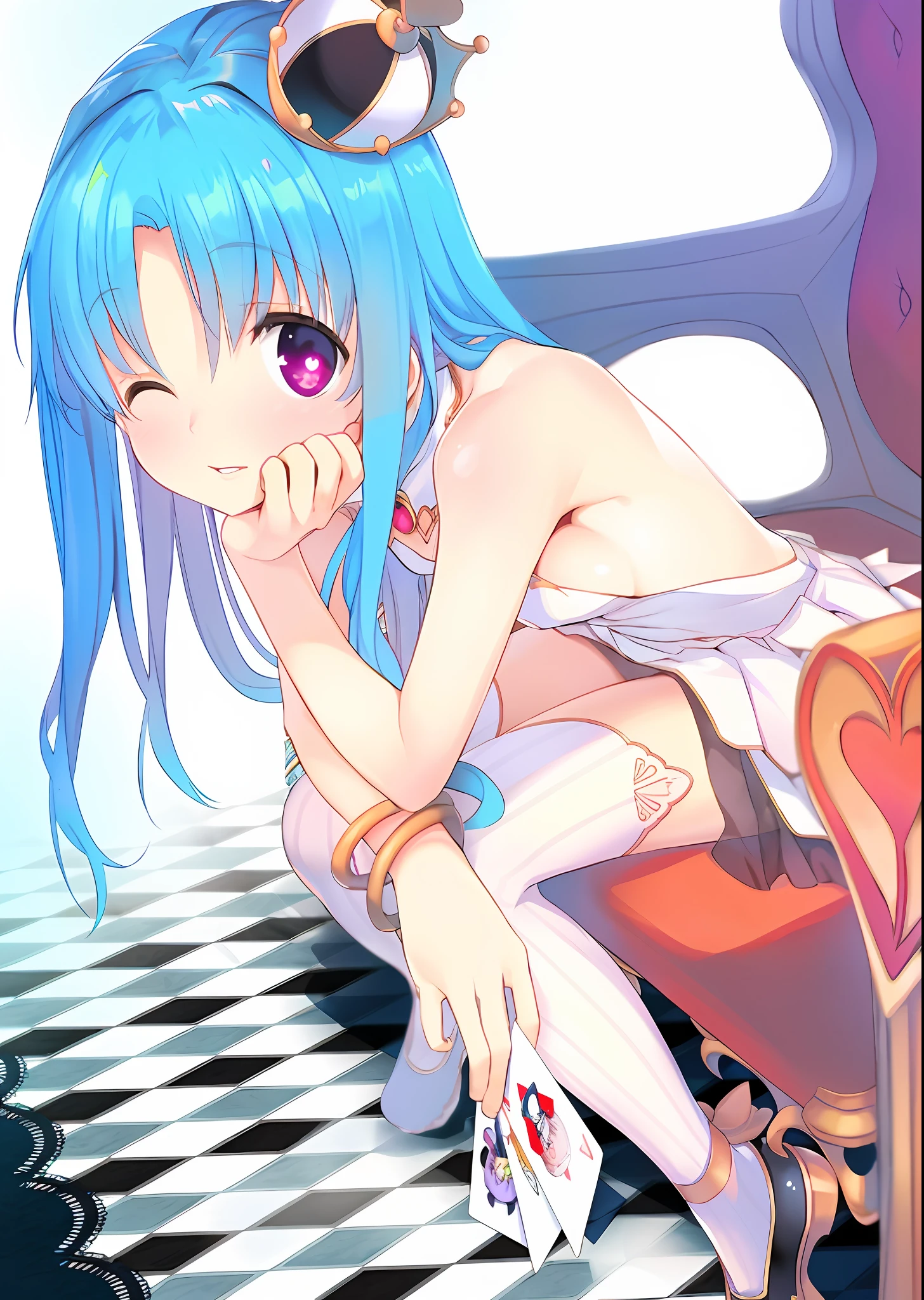anime girl with blue hair sitting on a chair with a card in her hand, mikudayo, seductive anime girl, (anime girl), the anime girl is crouching, cute anime girl, beautiful anime girl squatting, nightcore, pretty anime girl, anime”, anime girl, beautiful anime girl, hatsune miku, pixiv, digital anime art!!