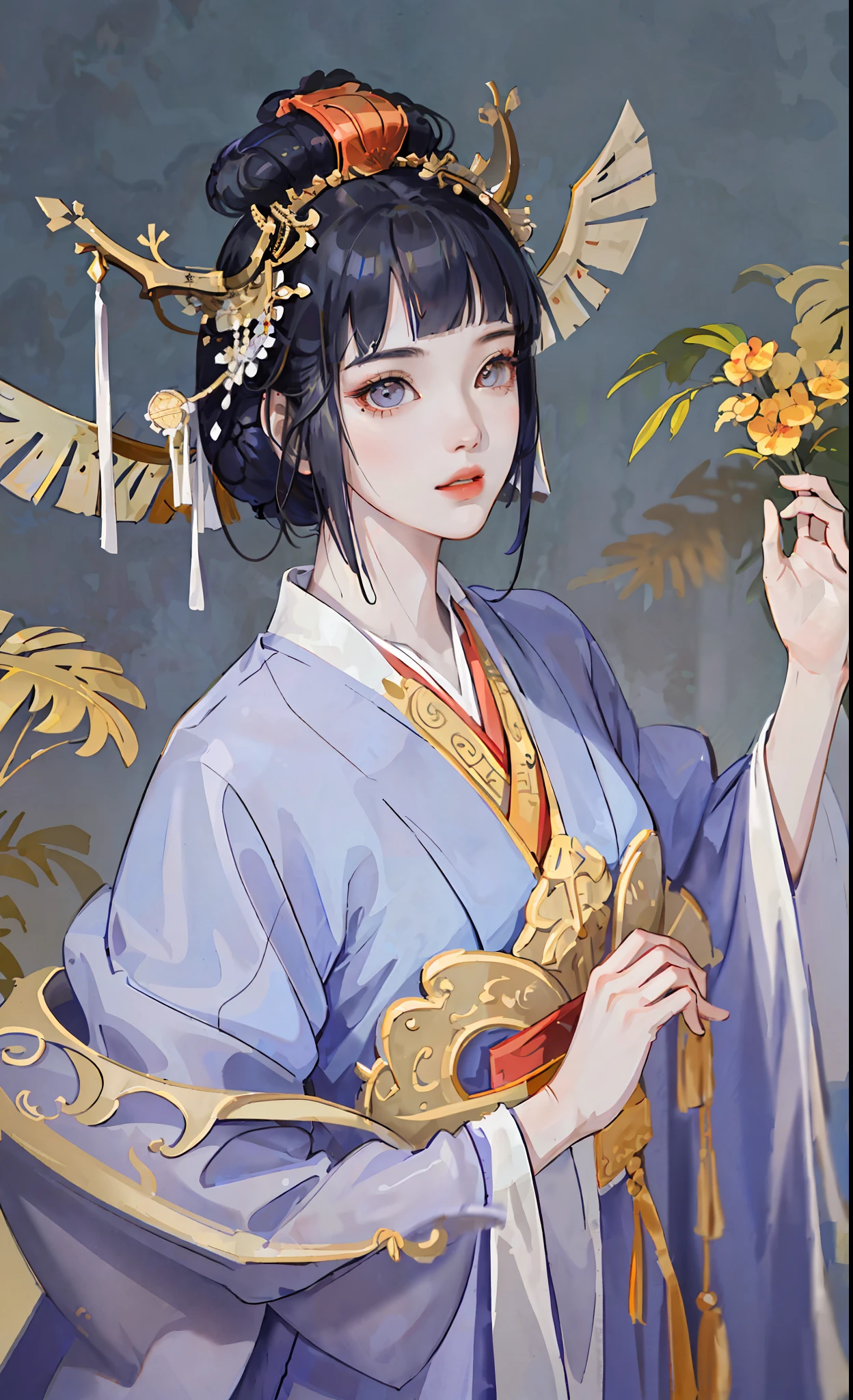 A girl, ancient Chinese costume, whole body, sunshine, clear face, clean white background, masterpiece, super detail, epic composition, ultra HD, high quality, extremely detailed, official art, uniform 8k wallpaper, super detail, 32k, ((blunt bangs)), detailed eyes, detailed lips,  dark blue hair, (((empress)))