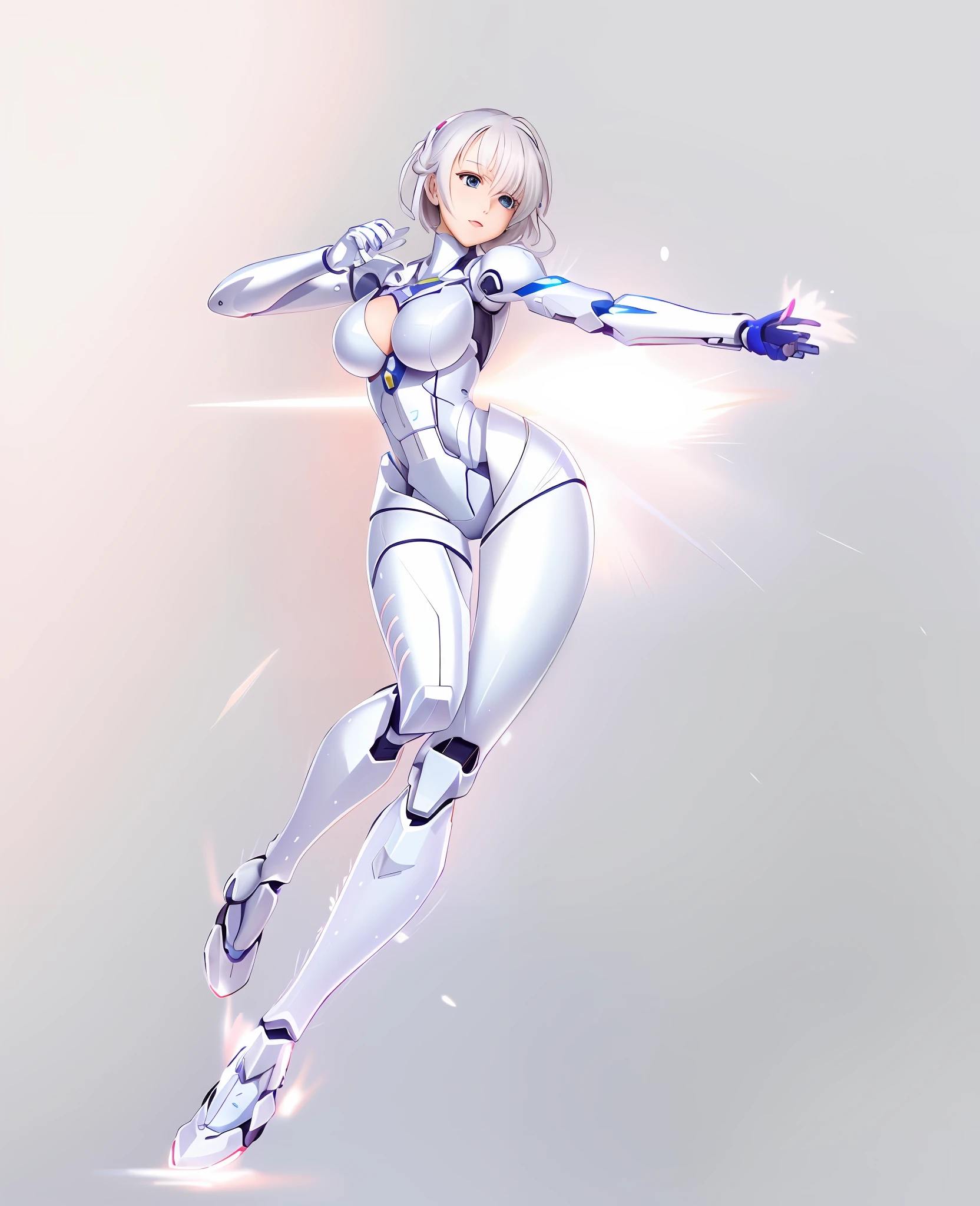 a drawing of a woman in a white suit is flying, perfect anime cyborg woman, varia suit, biomechanical oppai, ferra white mecha, gynoid cyborg body, glossy white armor, anime cyborg, gynoid body, fighting game character, official character art, streamlined white armor, cyborg - girl with silver hair