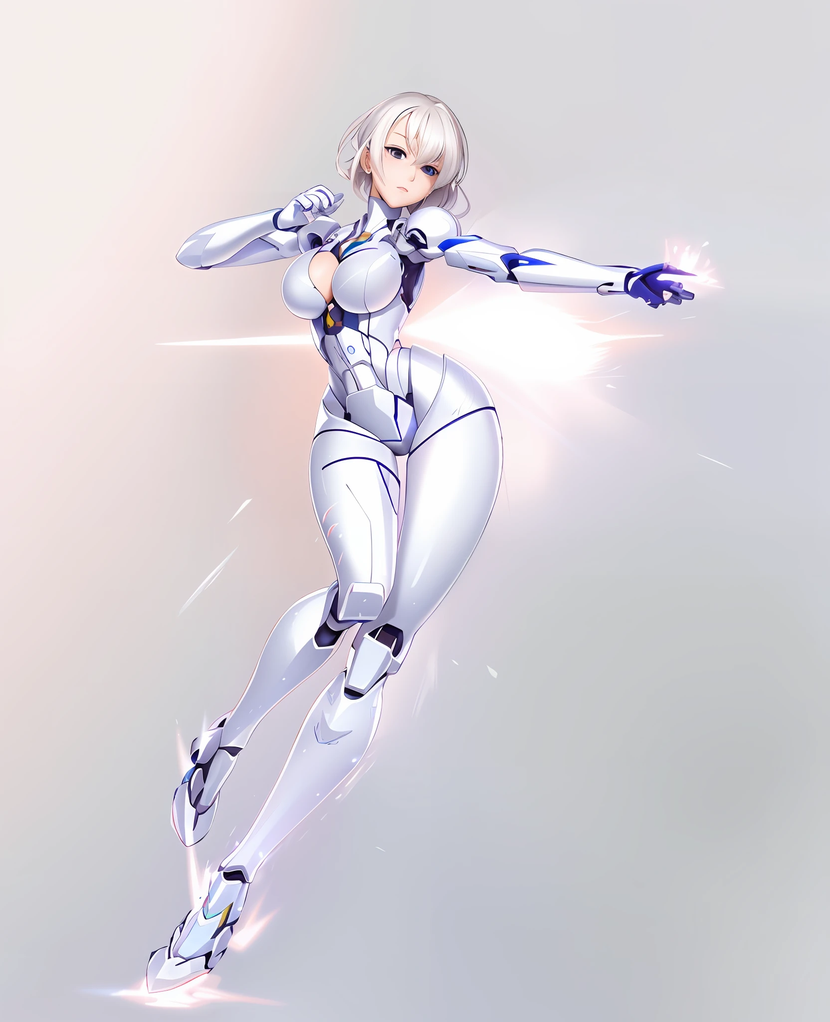 a drawing of a woman in a white suit is flying, perfect anime cyborg woman, varia suit, biomechanical oppai, ferra white mecha, gynoid cyborg body, glossy white armor, anime cyborg, gynoid body, fighting game character, official character art, streamlined white armor, cyborg - girl with silver hair