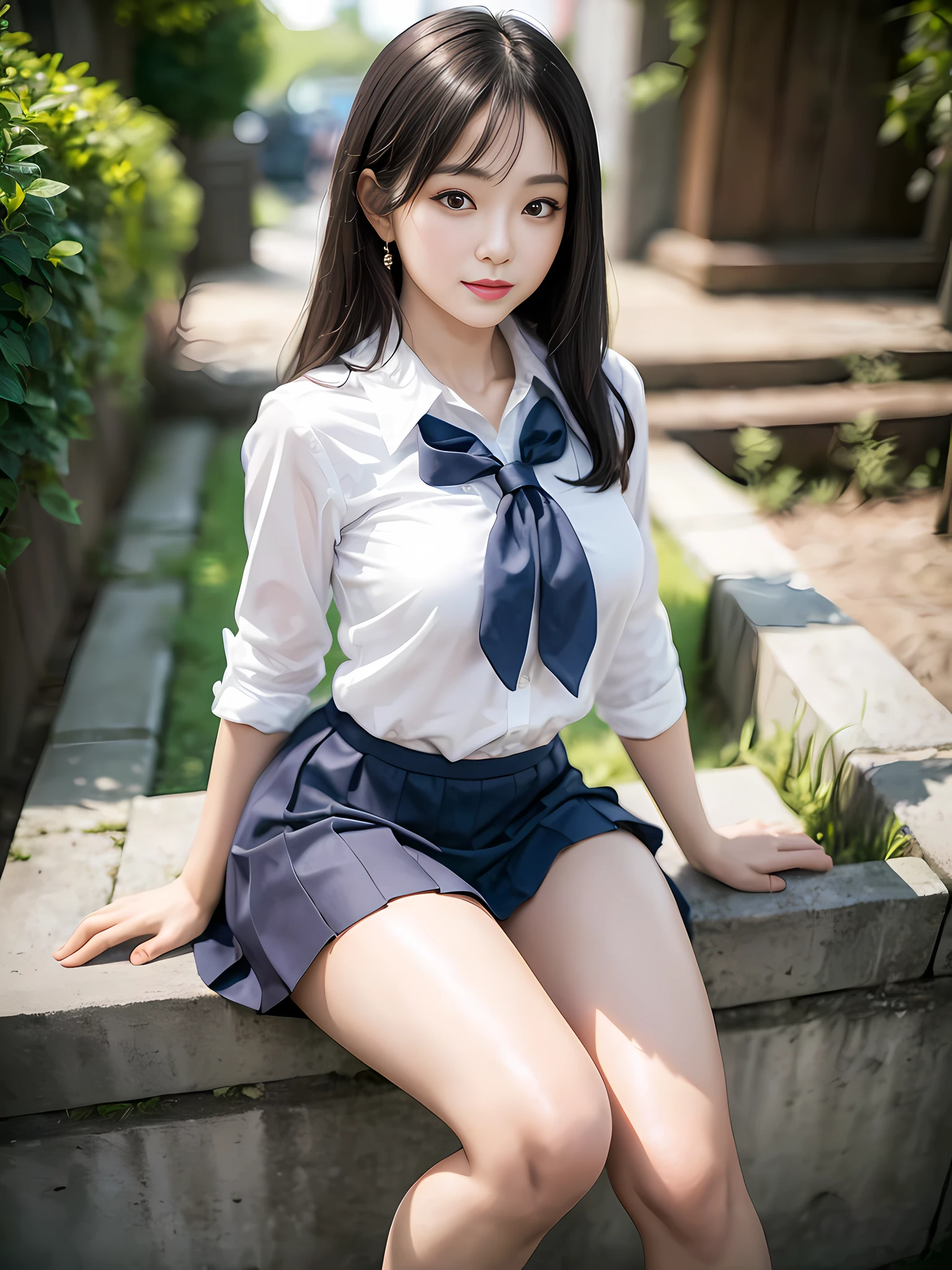 ((Best Quality, 8K, Masterpiece: 1.3)), Super Cute Beautiful Woman, 1 Girl, (Beautiful Breasts:1.3), (Abs, Slender Figure: 1.1), Sharp Focus, (((Intricate Details)), High Detail, Upper Body, One Girl, Black Straight Hair with bangs, Japan Schoolgirl Uniform, White sailor clothes, navy Pleats Skirt, knee-length skirt, 8K, 8K Resolution, clean detailed face, Detailed Body, Detailed Clothes, Sharp Images, Japan Anime Concept Art, trending on Pixiv, looking the viewer, facing the viewer, seductive model pose, seductive smile, pink lipstick, bokeh, field of depth, 8 life size, 8k resolution, upper body image, shot on EOS 5D Mark IV, 35mm lens, f1.8,