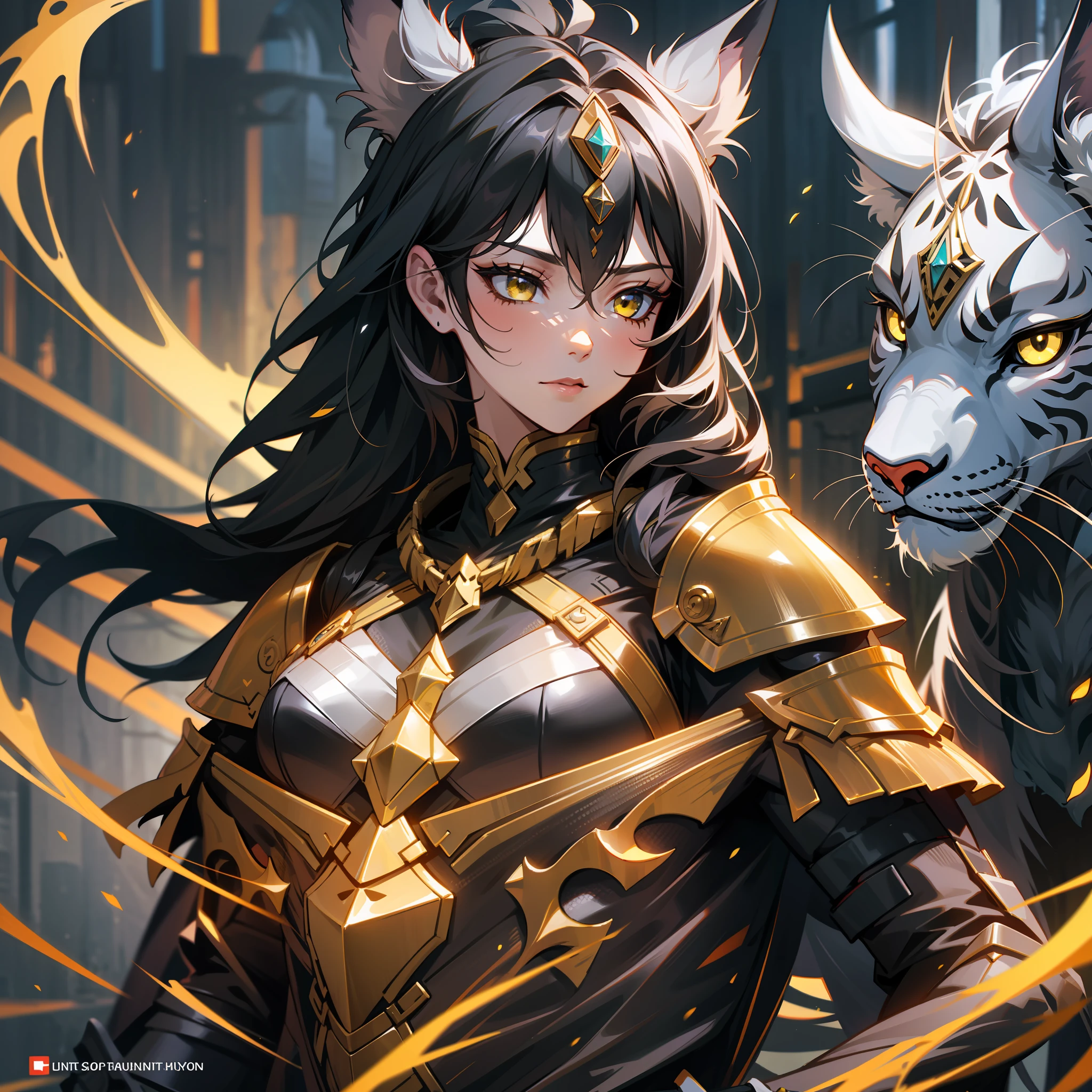 a woman, druid, wildly black hair, dark fantasy, detailed yellow armor, with a giant black lynx behind him