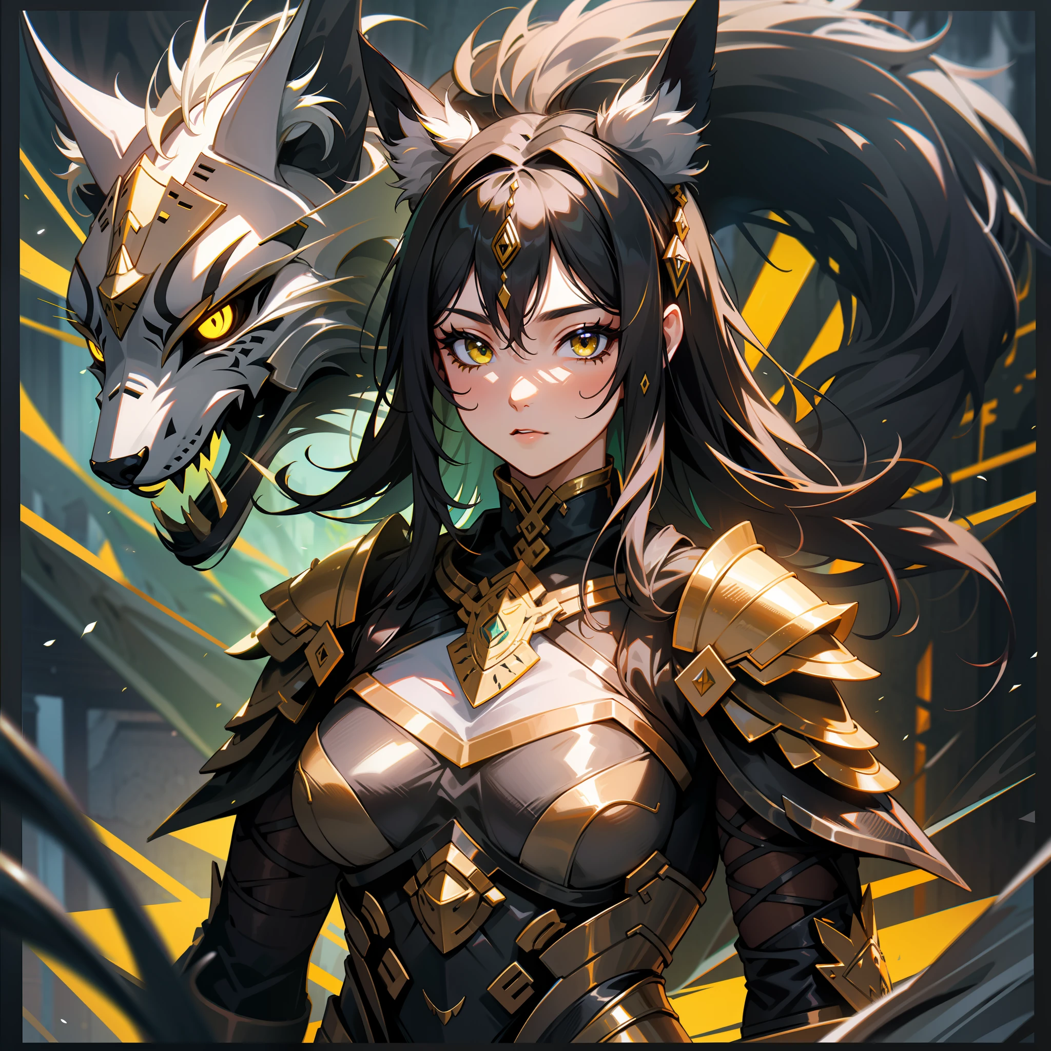a woman, druid, wildly black hair, dark fantasy, detailed yellow armor, with a giant black lynx behind him