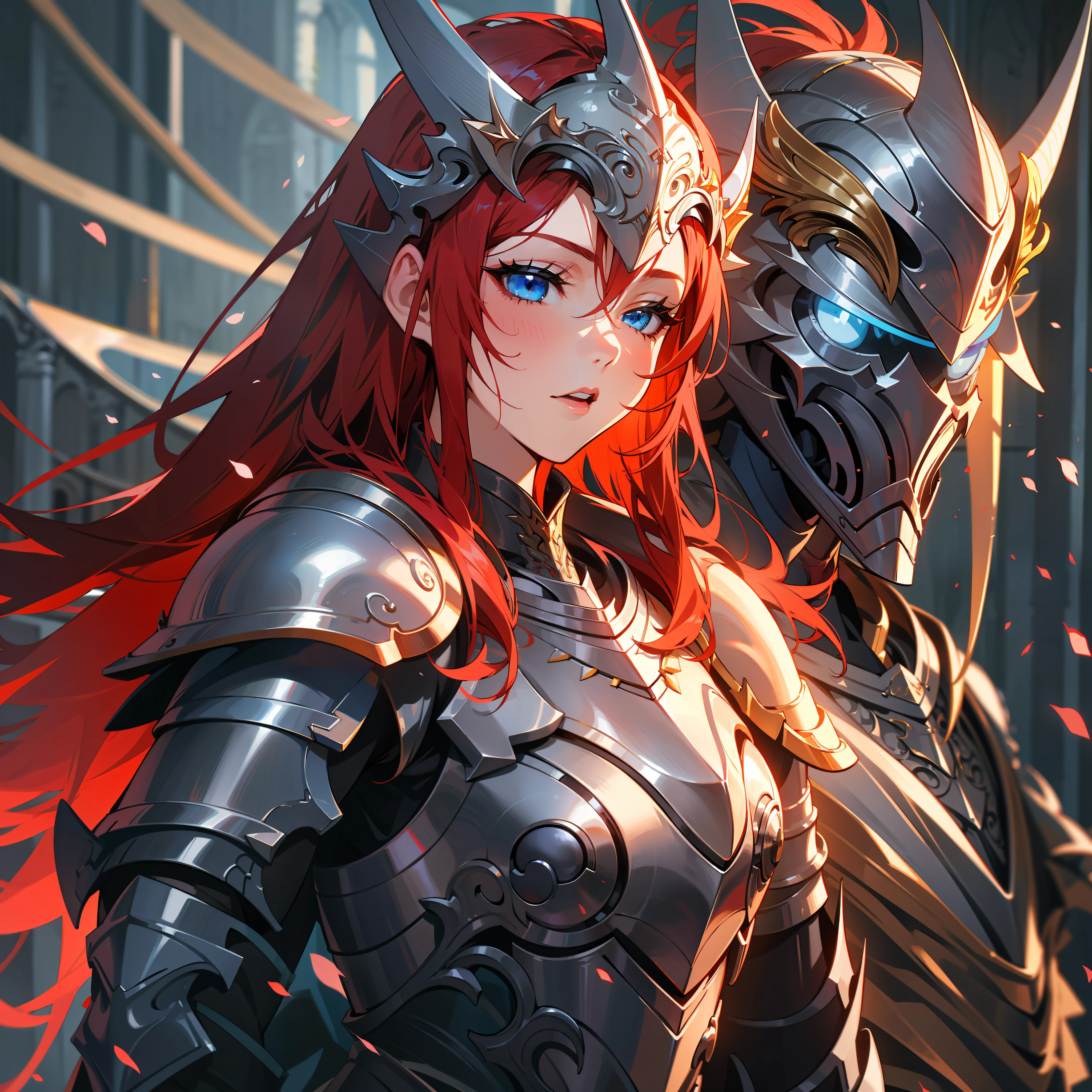 a woman, paladin, wildly red hair, dark fantasy, detailed blue armor, detailed blue helmet, detailed blue large sword