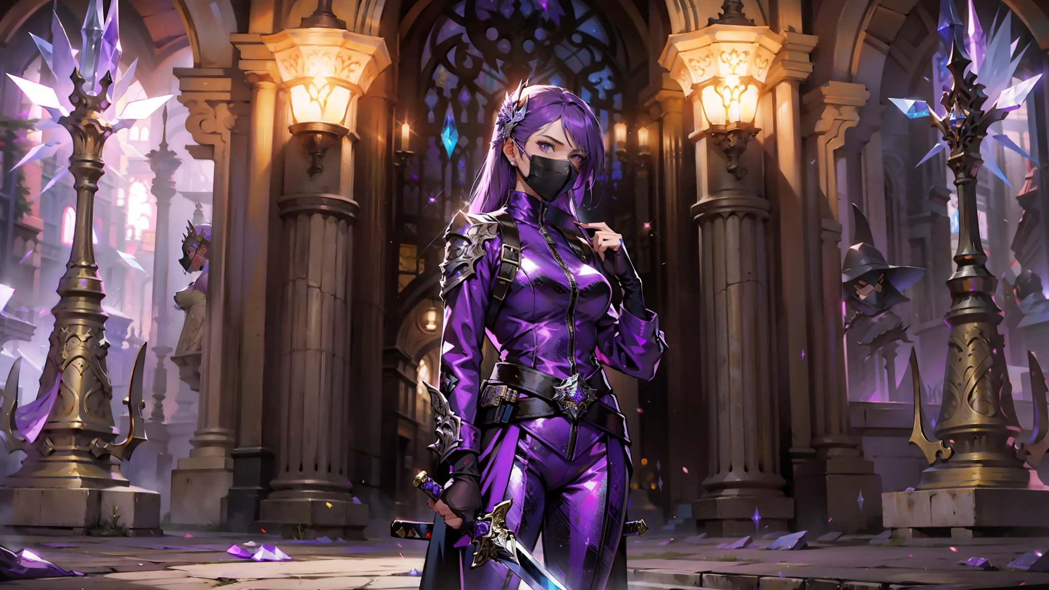 Woman, wearing a crystallized purple suit, metal mask covering her entire face, wielding a sword at her waist