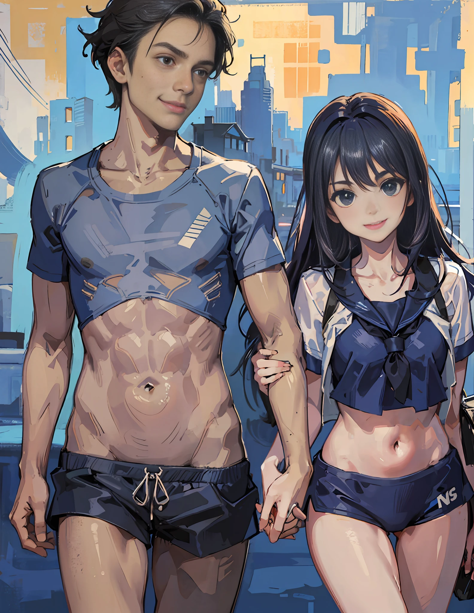 Smiling age girl in navy blue school swimsuit Teenboy in dark blue hot pants Two walking to school hand in hand --auto --s2