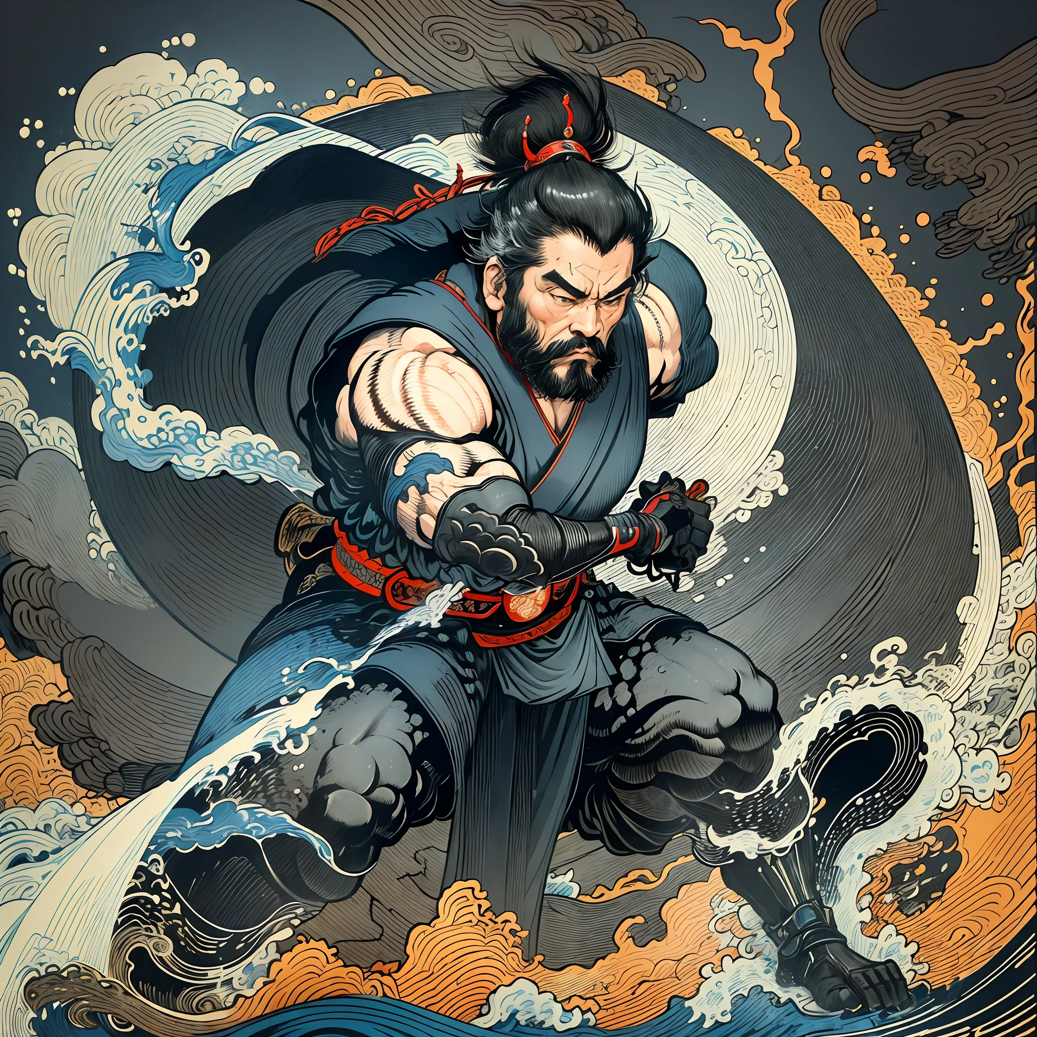 It is a full-body painting with natural colors with Katsushika Hokusai-style line drawings. The appearance of swordsman Miyamoto Musashi fighting with a large body like a strongman. Samurai of Japan. He has a dignified yet manly expression of determination, short black hair, and a short, trimmed beard. His upper body is covered in a black kimono and his hakama is knee-long. In his right hand he holds a Japan sword. In the midst of the finest quality, masterpiece's high-resolution ukiyo-e-style lightning and swirling flames, Miyamoto Musashi stands face and body facing forward.