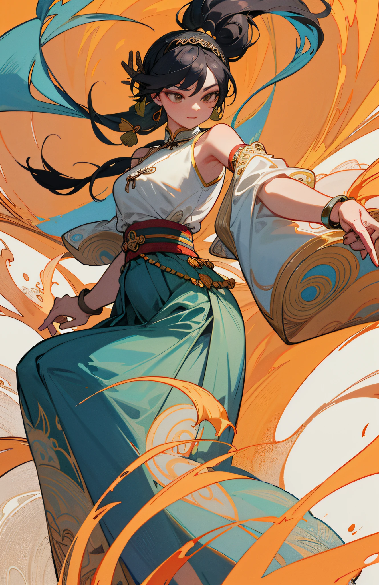 Super high quality, masterpiece, perfect illustration, extreme detail (exquisite light and shadow, highly dramatic picture,) an ancient Chinese beauty, dancing pose, dancing, gorgeous costumes embroidered with intricate embroidery, flowing tulle, transparent long colored streamers tied around the arms, open belly button, bare shoulders, bare neck, black coiled hair bun hairband hairpin, arm ring tied with streamer, Yingluo ring wear, bracelet, anklet, metal chain tassel tied around the waist, Mogao cave art, Dunhuang flying sky mural inspiration, ink, cgstation pop, masterpiece, recent quality, 32K