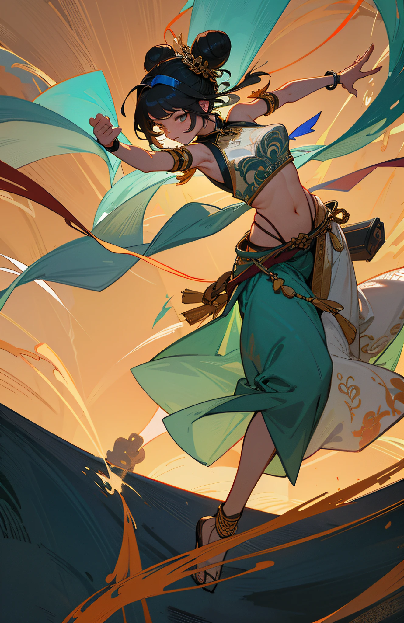 Super high quality, masterpiece, perfect illustration, extreme detail (exquisite light and shadow, highly dramatic picture,) an ancient Chinese beauty, dancing pose, dancing, gorgeous costumes embroidered with intricate embroidery, flowing tulle, transparent long colored streamers tied around the arms, open belly button, bare shoulders, bare neck, black coiled hair bun hairband hairpin, arm ring tied with streamer, Yingluo ring wear, bracelet, anklet, metal chain tassel tied around the waist, Mogao cave art, Dunhuang flying sky mural inspiration, ink, cgstation pop, masterpiece, recent quality, 32K