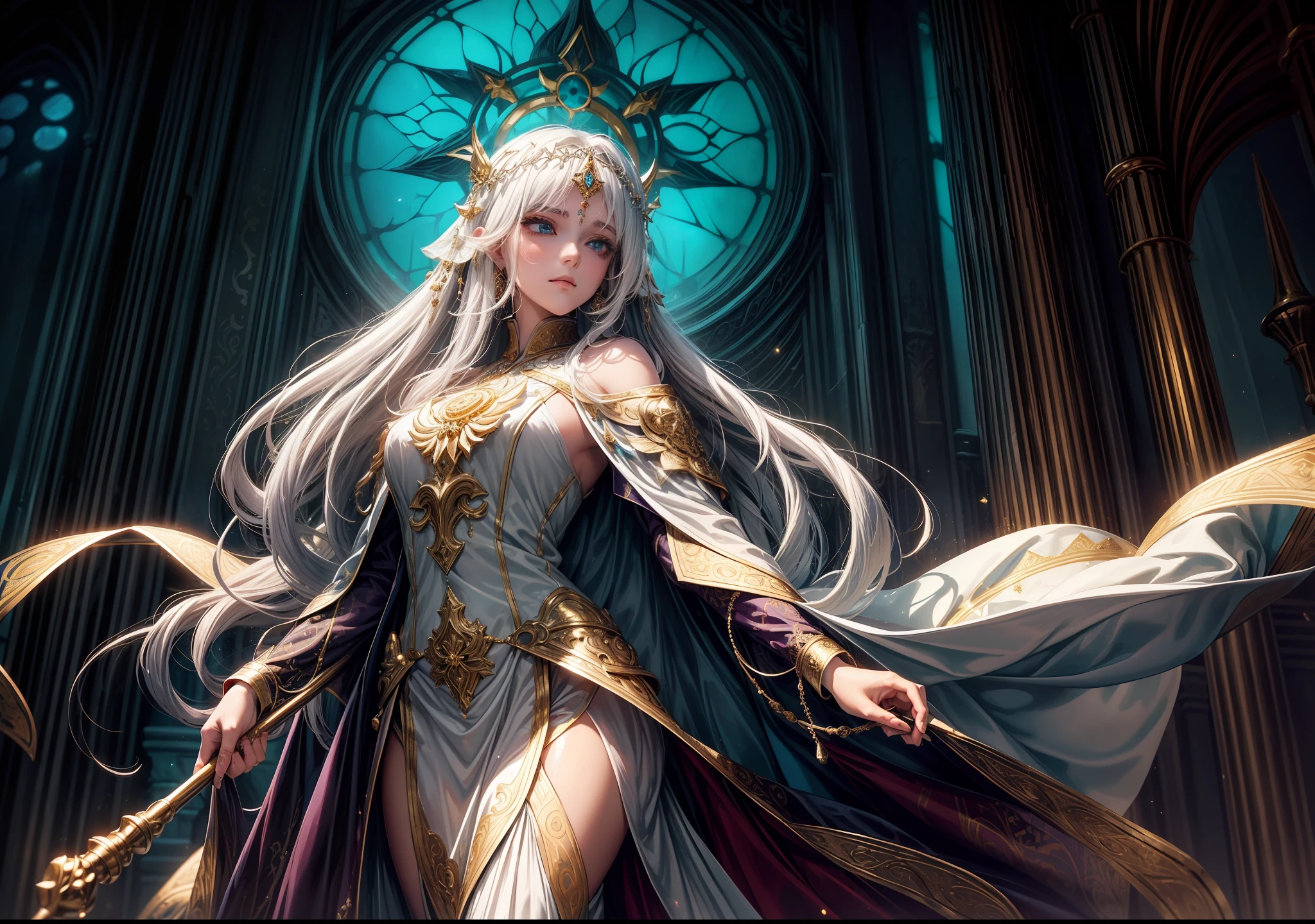 (Best quality)), ((masterpiece)), ((highly intricate details)),beautiful, high quality, highres, absurdres, light difussion, intricate details, complex details, ((anime)), (anime:1.2) , (perfect face:1.3), extreme detailed eyes, colorful, highest detailed, vibrant colors, high contrast, (8K UHD:1.2), (photorealistic:1.2),(masterpiece:1.4), (best quality:1.4),Step into the sacred sanctum of a grand cathedral, where faith and divine power intertwine. Amidst the serenity of the church, a priestess or cleric girl stands, emanating an aura of divine light. Her white hair cascades around her serene countenance, and she wears a flowing cloak that billows gently as if touched by an otherworldly breeze. Clad in the sacred vestments of her goddess, her presence embodies the embodiment of illuminated devotion.
In her hands rests a staff, an instrument of both spiritual guidance and divine energy. Carved with intricate symbols and adorned with ethereal gemstones, the staff channels the very essence of her deity. As light diffuses through the stained glass windows, it dances upon the staff, casting a soft glow that matches the radiant energy she wields.
Her goddess's uniform, meticulously designed, shimmers with ethereal hues. Embellished with symbols and patterns that reflect her deity's realm, the attire signifies her sacred connection to the divine. Light diffusion brings out the gentle iridescence of the fabric, creating an ethereal and transcendent effect.