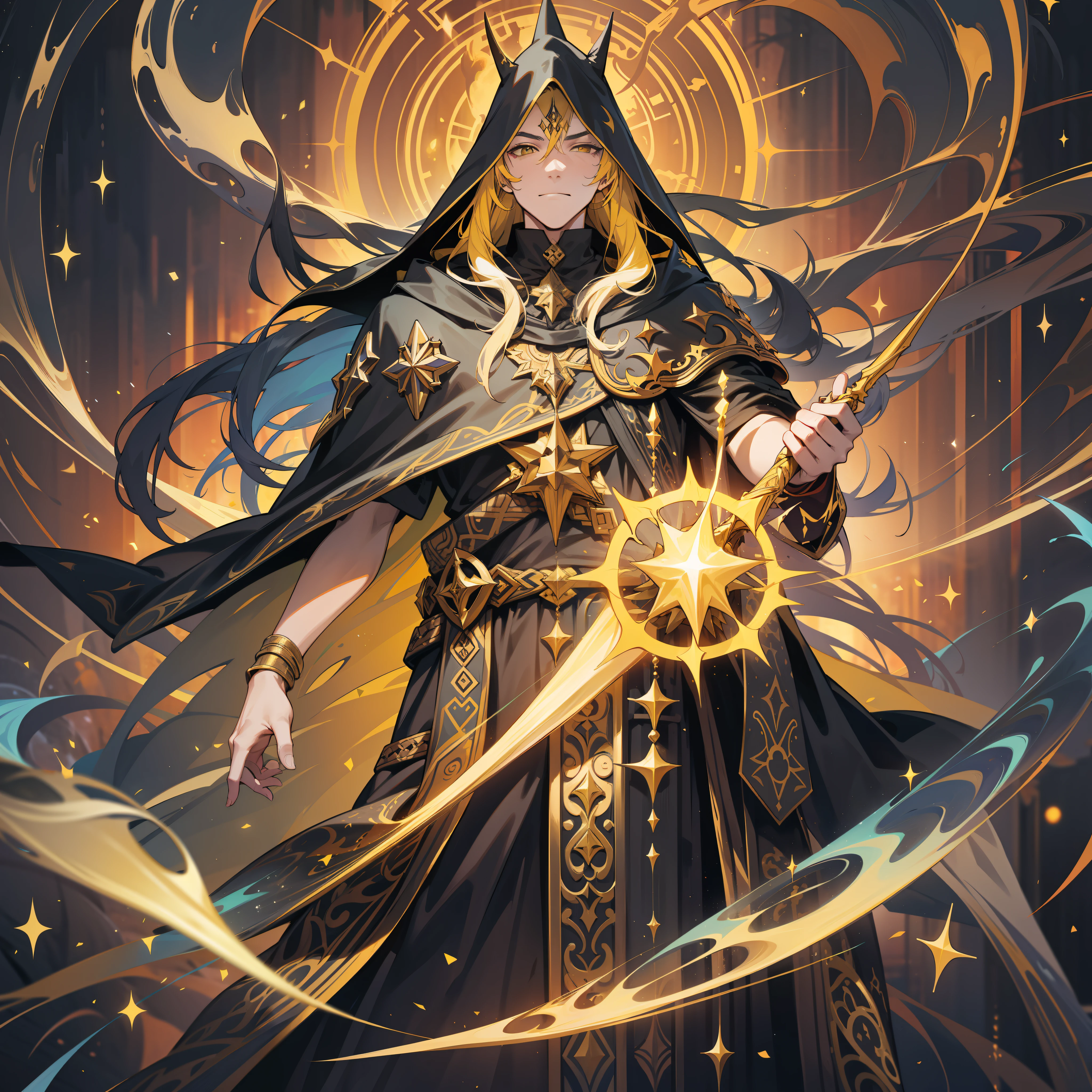 a man, mage, yellow long hair, dark fantasy, detailed yellow and black cosmic robe, cosmic staff