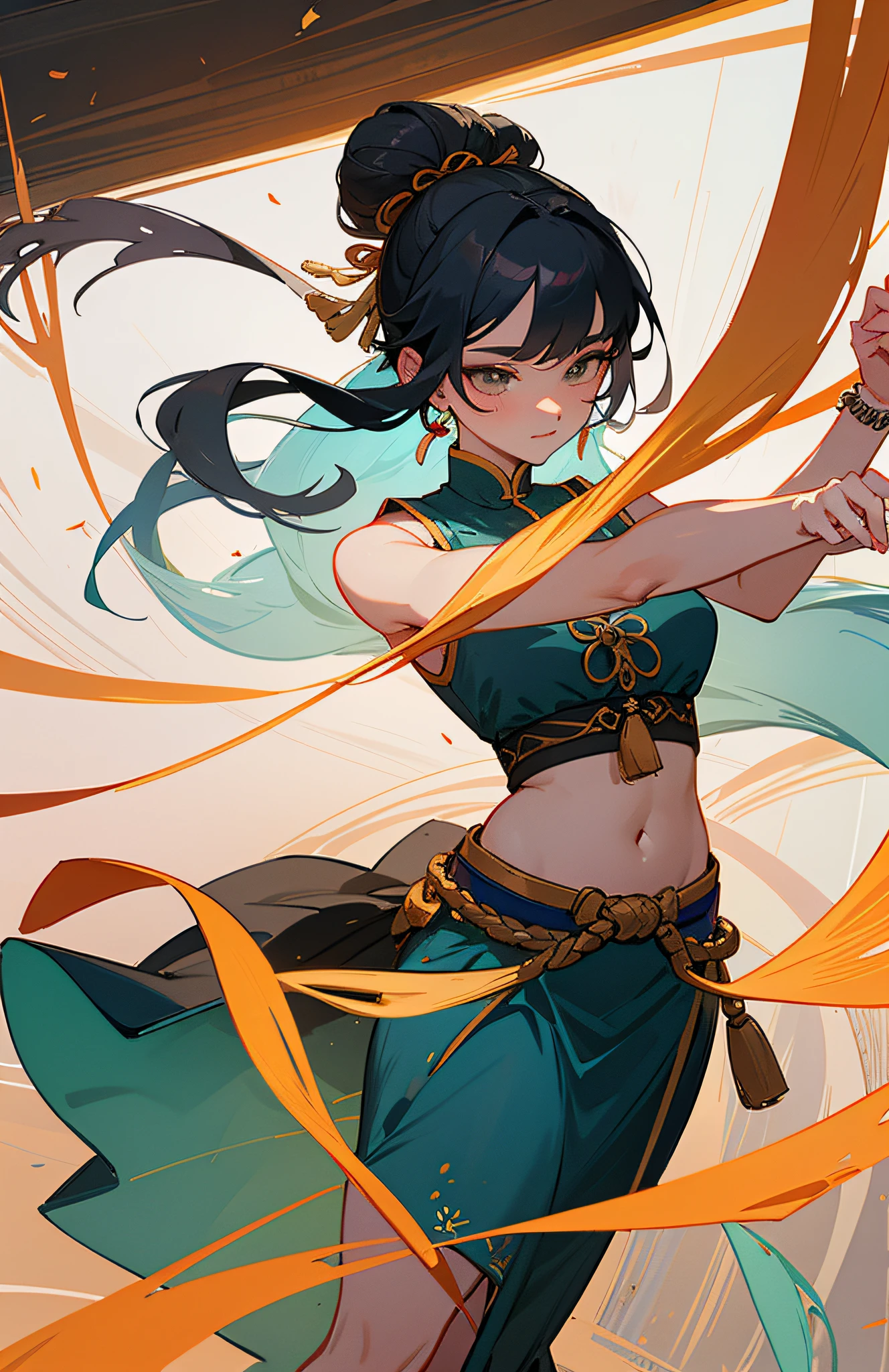 Super high quality, masterpiece, perfect illustration, extreme detail (exquisite light and shadow, highly dramatic picture,) an ancient Chinese beauty, dancing pose, dancing, gorgeous costumes embroidered with intricate embroidery, flowing tulle, transparent long colored streamers tied around the arms, open belly button, bare shoulders, bare neck, black coiled hair bun hairband hairpin, arm ring tied with streamer, Yingluo ring wear, bracelet, anklet, metal chain tassel tied around the waist, Mogao cave art, Dunhuang flying sky mural inspiration, ink, cgstation pop, masterpiece, recent quality, 32K