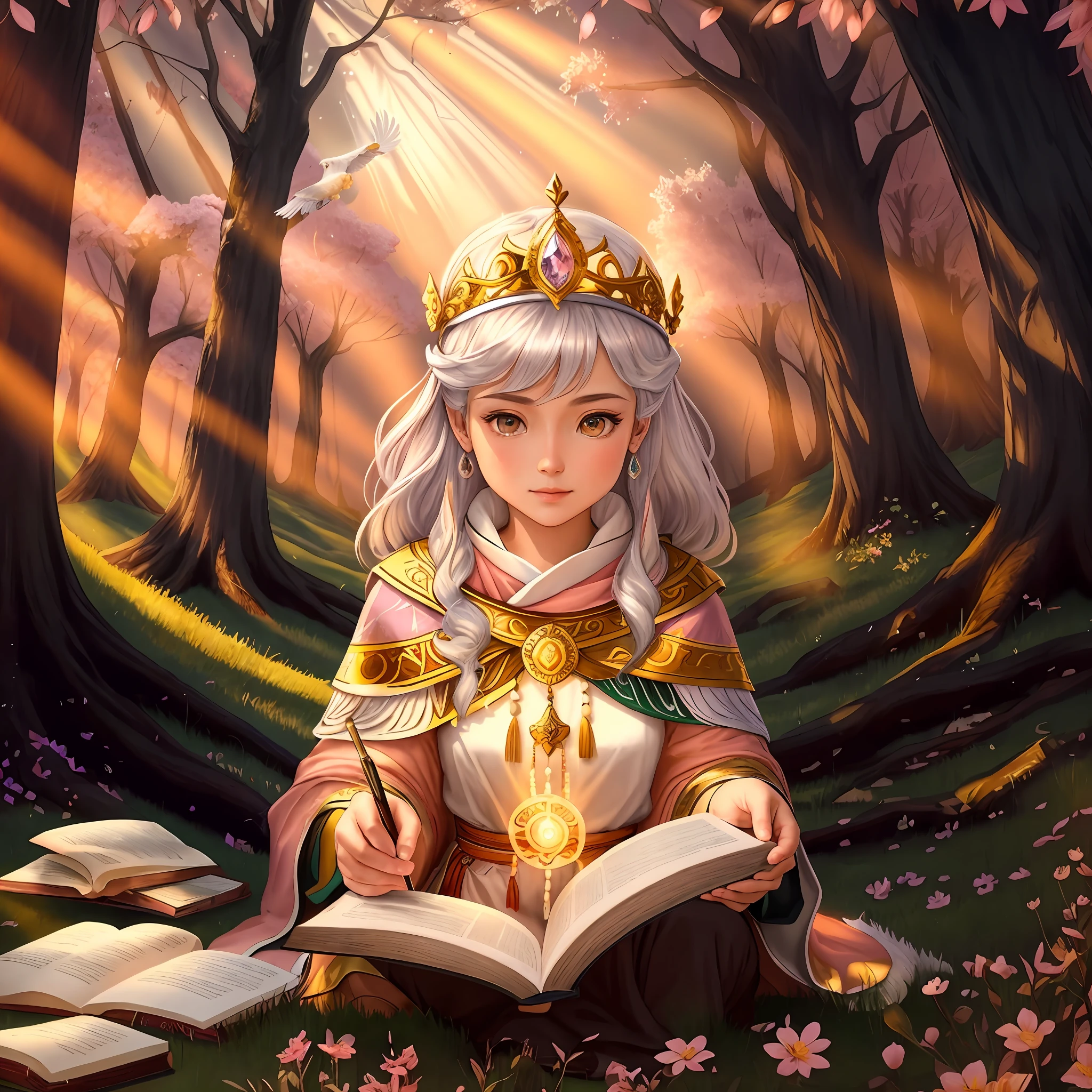 Describe a scene where Sophie is sitting next to the Wise Elder in a clearing on top of a mountain. The sun is setting, painting the sky with golden and pink hues. The Elder has silver hair and wise eyes, radiating ancestral wisdom. They are surrounded by ancient trees and a majestic eagle flies overhead. The sunlight highlights the sacred book that the Elder is gifting Sophia. Both are immersed in an atmosphere of tranquility and spiritual connection, while sharing wisdom and teachings.