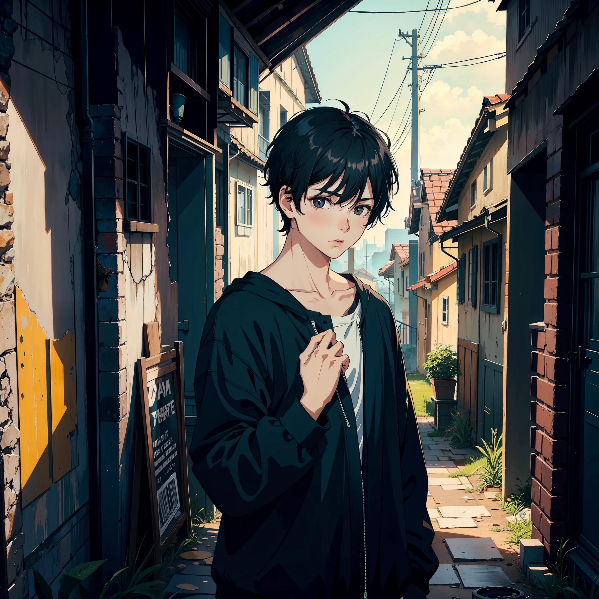 Boy Black hair, black eyes, shabby house