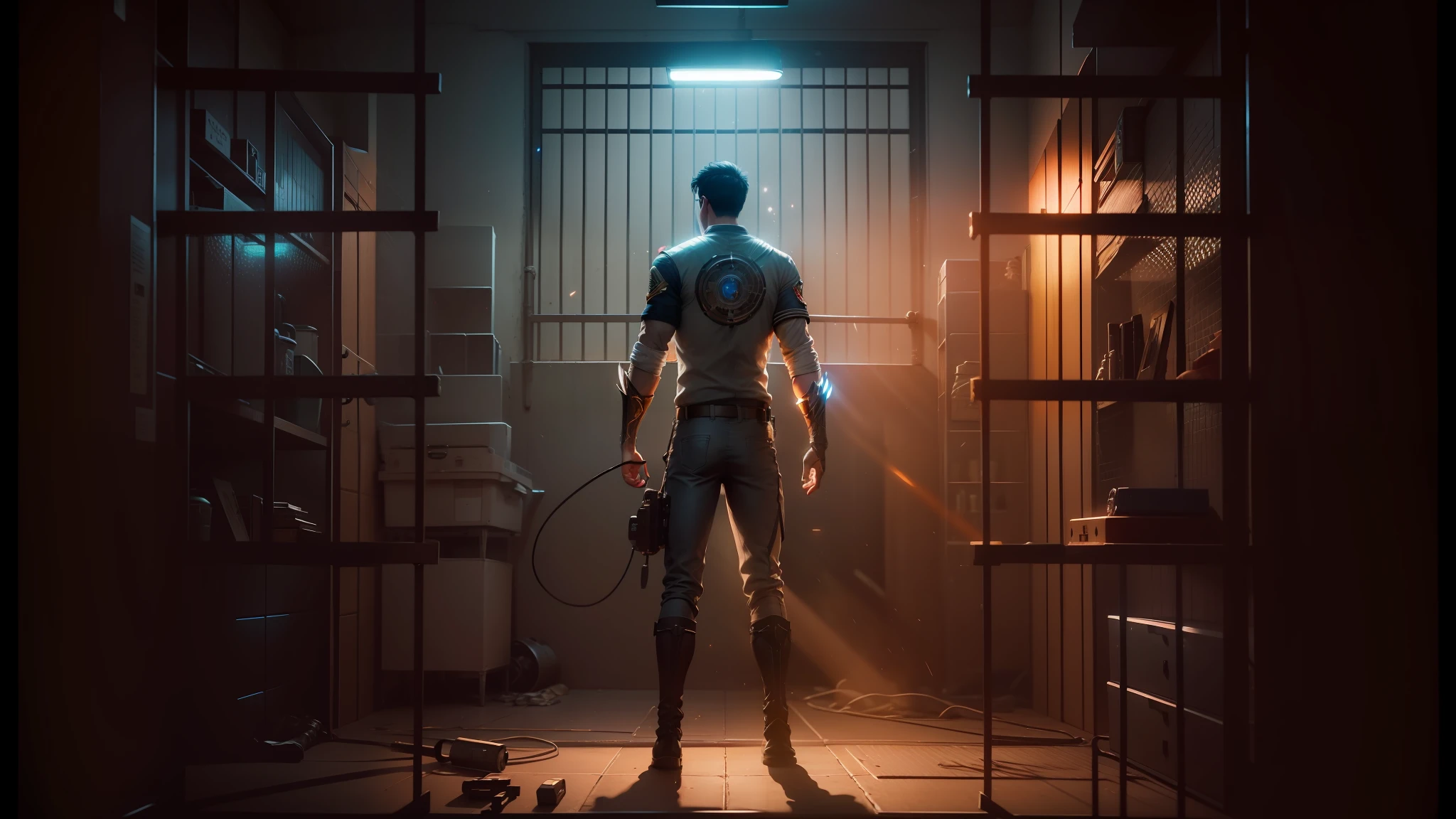 arafed man standing in a jail cell with a flashlight shining through the bars, cinematic cgsociety, cinematic keyframe, cinematic neon uplighting, rossdraws global illumination, cinematic smooth unreal engine, cgsociety 9, cinematic dynamic lighting, rossdraws volumetric lighting, cinematic lighting photography, dynamic cinematic lighting, full body cgsociety, ramatic cinematic lighting --auto --s2