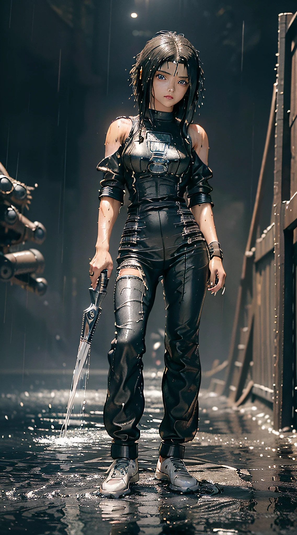 (((Alita: Battle Angel))), Best Image Quality, Masterpiece, Super High Resolution, (Accuracy: 1.4), Photo, 1 Girl, Black Shirt, Leather Dress, White Sneakers, Dull, Darkness, Despair, Pity, Poor, Movie, Tears, Tears, (Torn Clothes: 1.5), (Wet Clothes:1.4), Bare Shoulders, Real Rain, Wet Hair,..